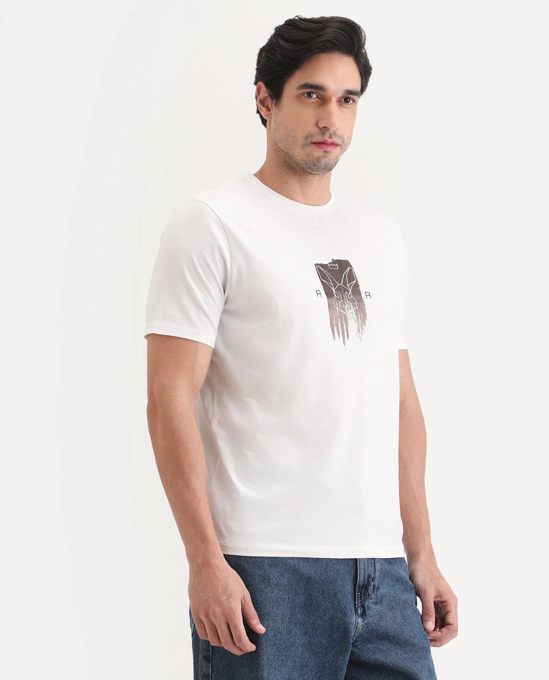 Rare Rabbit Men's Friend Off White Cotton Blend Fabric Half Sleeve Crew Neck Regular Fit Graphic Print T-Shirt