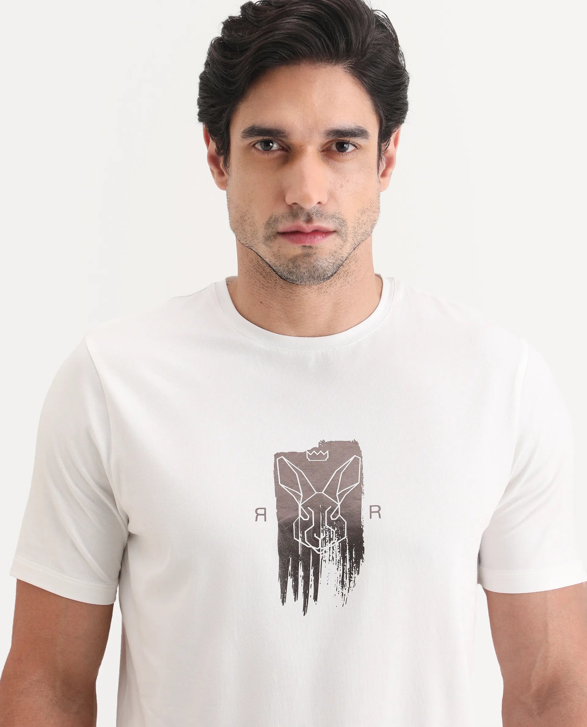 Rare Rabbit Men's Friend Off White Cotton Blend Fabric Half Sleeve Crew Neck Regular Fit Graphic Print T-Shirt