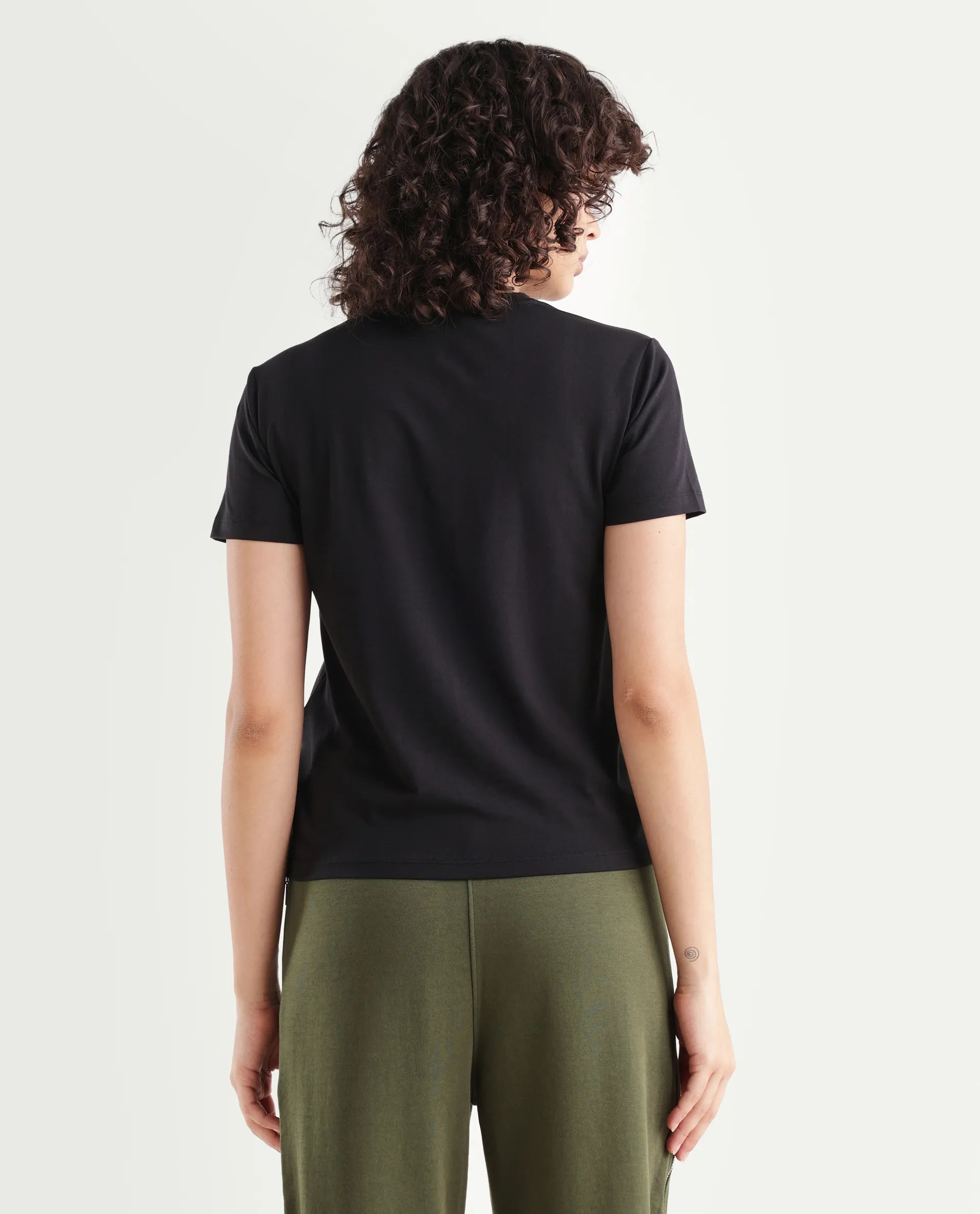 Rareism Women's Fringe Black Cotton Blend Crew Neck Graphic Print Regular Fit T-Shirt