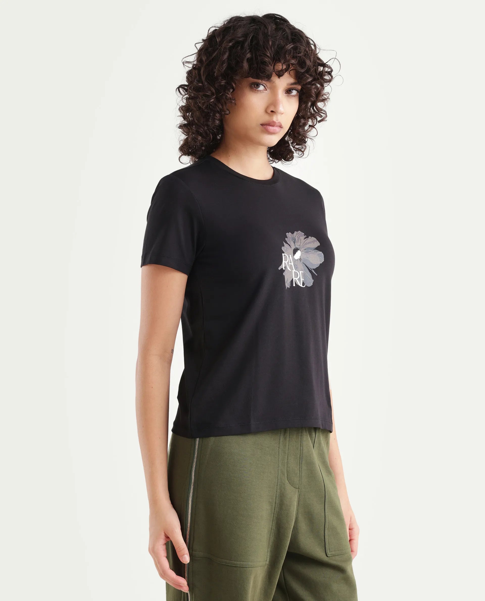 Rareism Women's Fringe Black Cotton Blend Crew Neck Graphic Print Regular Fit T-Shirt