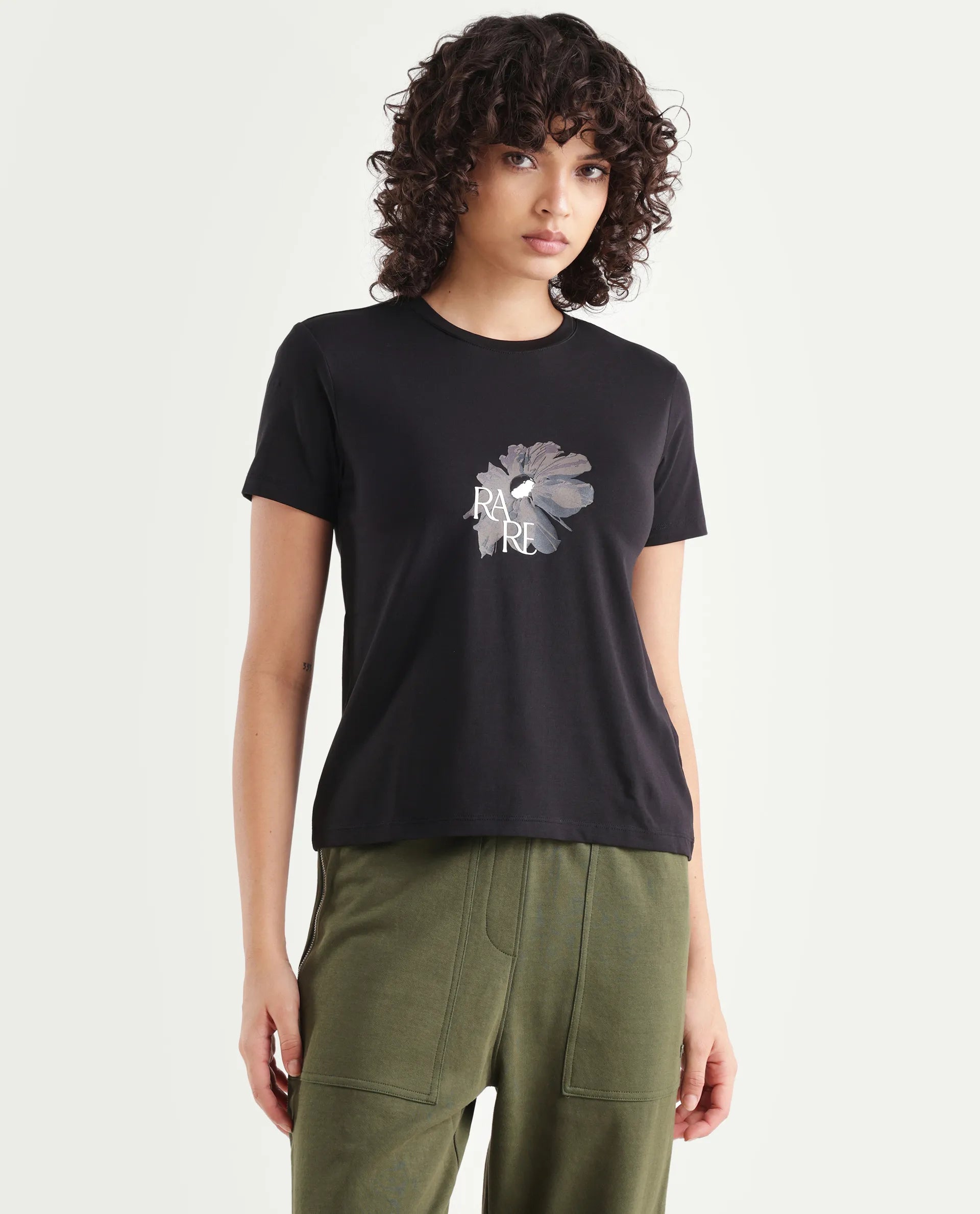 Rareism Women's Fringe Black Cotton Blend Crew Neck Graphic Print Regular Fit T-Shirt