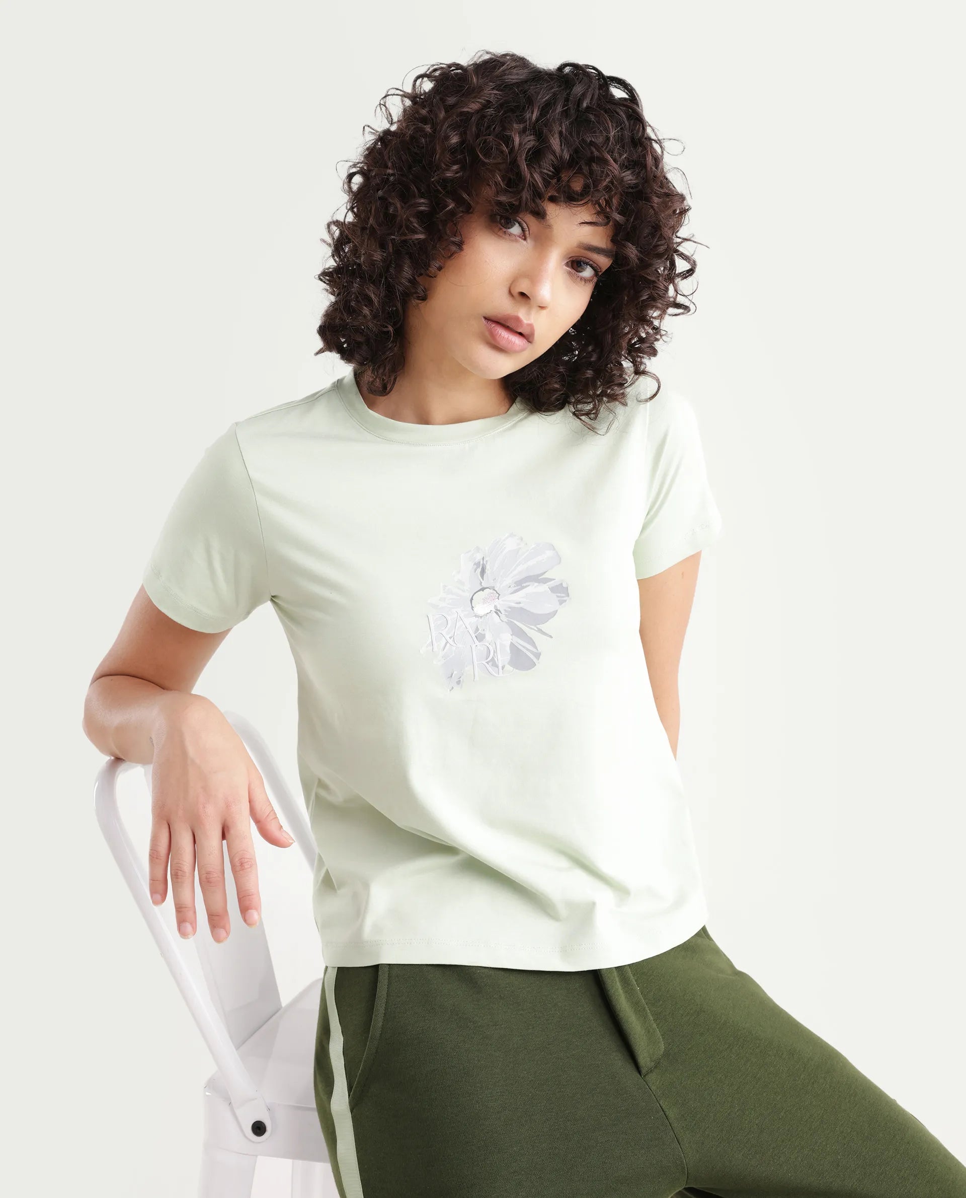 Rareism Women's Fringe Pastel Green Cotton Blend Crew Neck Graphic Print Regular Fit T-Shirt