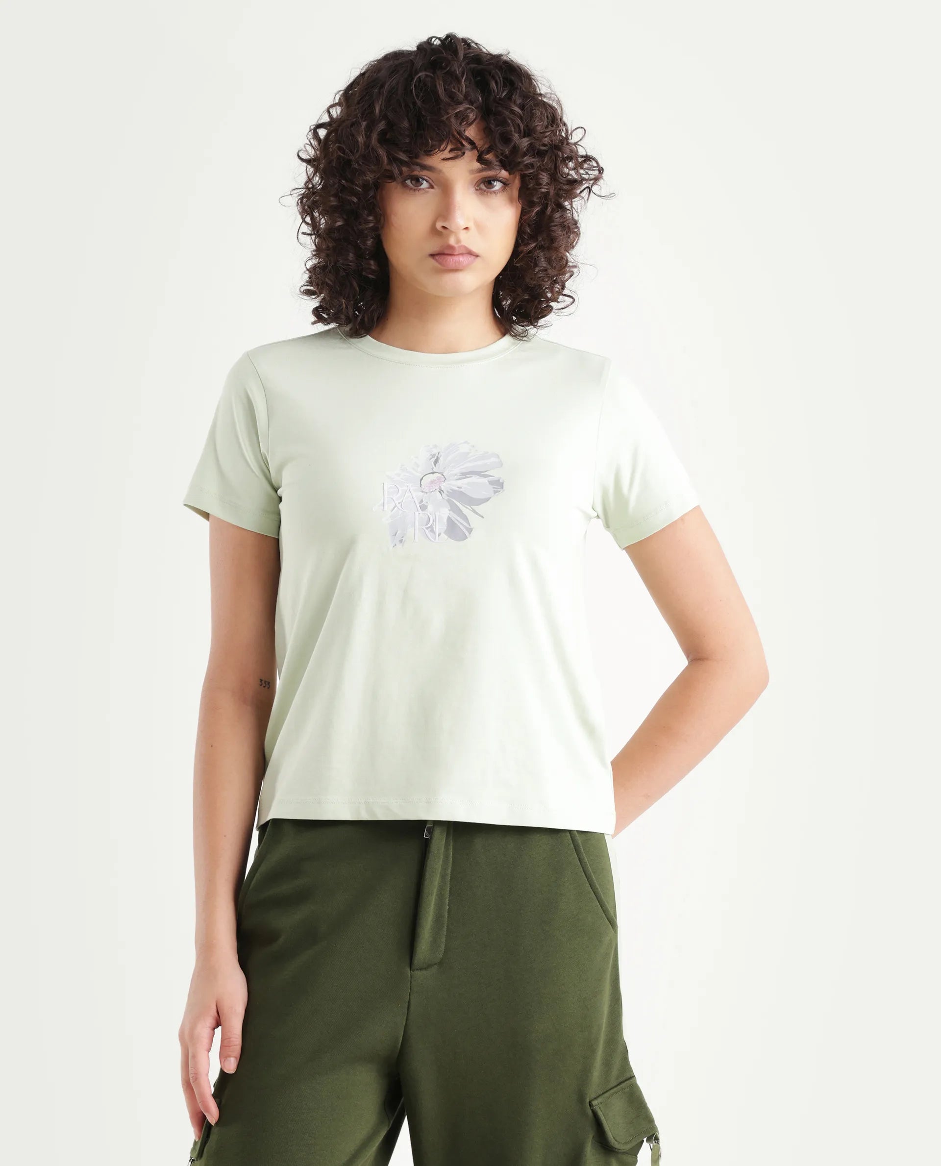 Rareism Women's Fringe Pastel Green Cotton Blend Crew Neck Graphic Print Regular Fit T-Shirt