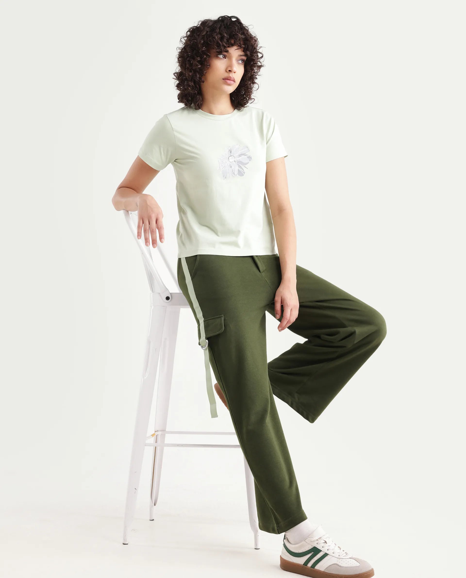 Rareism Women's Fringe Pastel Green Cotton Blend Crew Neck Graphic Print Regular Fit T-Shirt