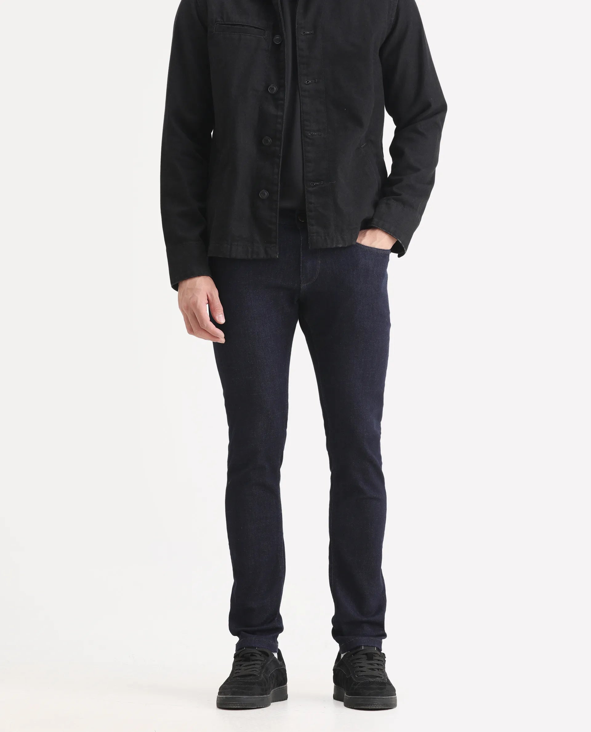 Rare Rabbit Men's Frisco Navy Cotton Plain Hawk Slim Fit Jeans