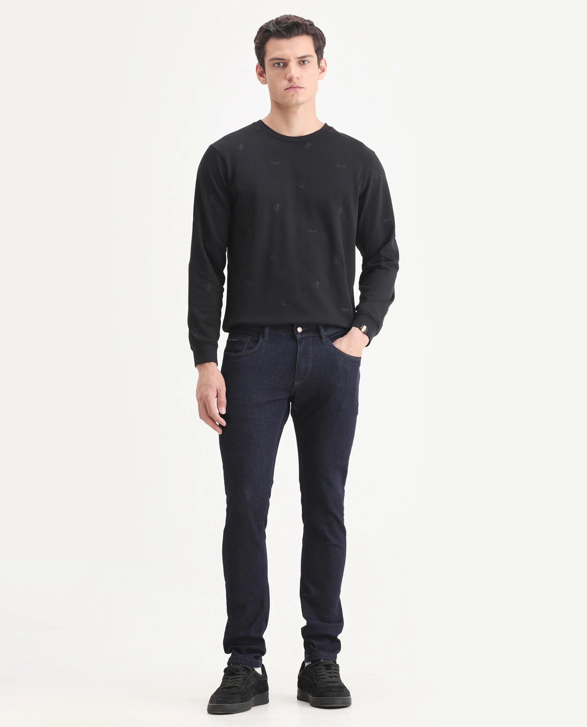 Rare Rabbit Men's Frisco Navy Cotton Plain Hawk Slim Fit Jeans