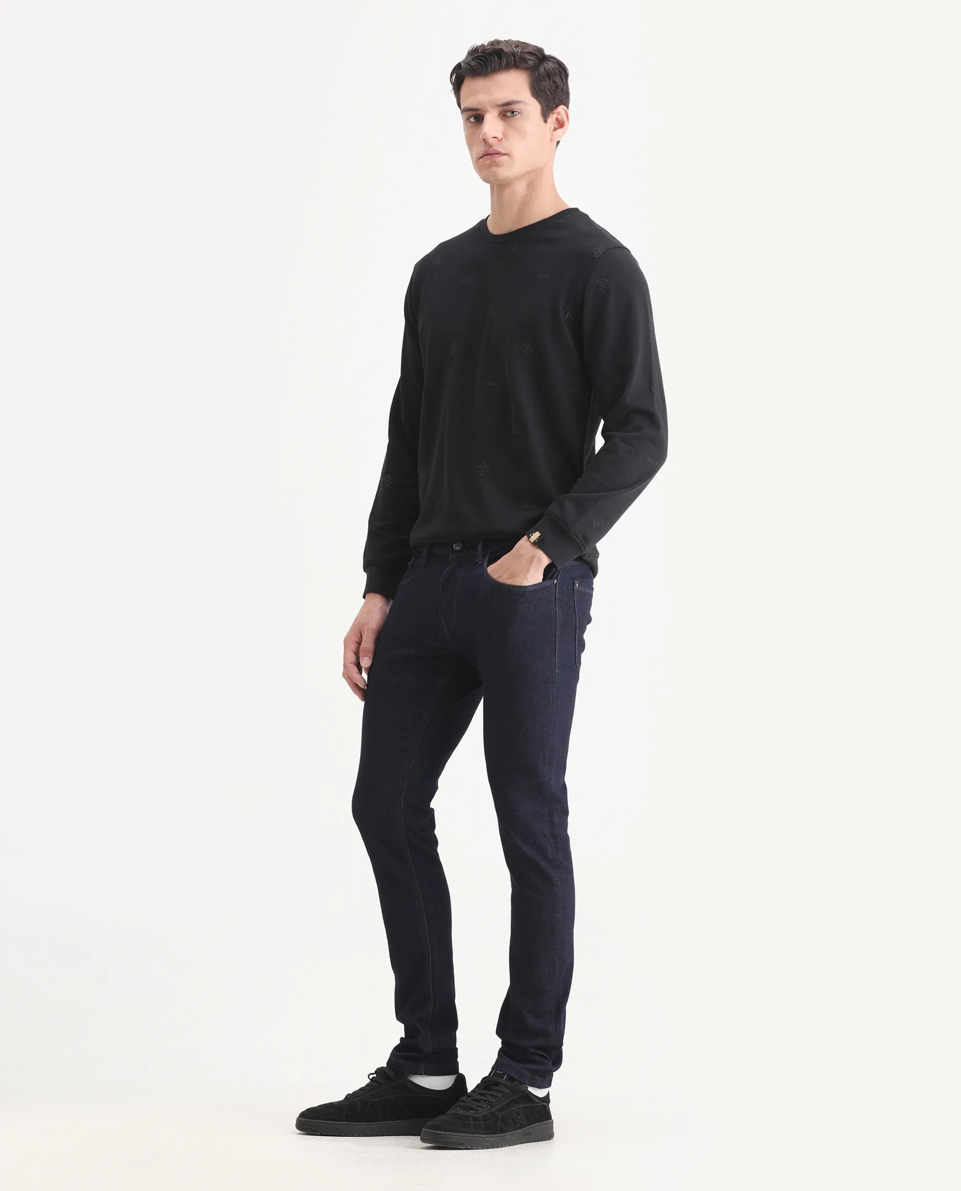 Rare Rabbit Men's Frisco Navy Cotton Plain Hawk Slim Fit Jeans