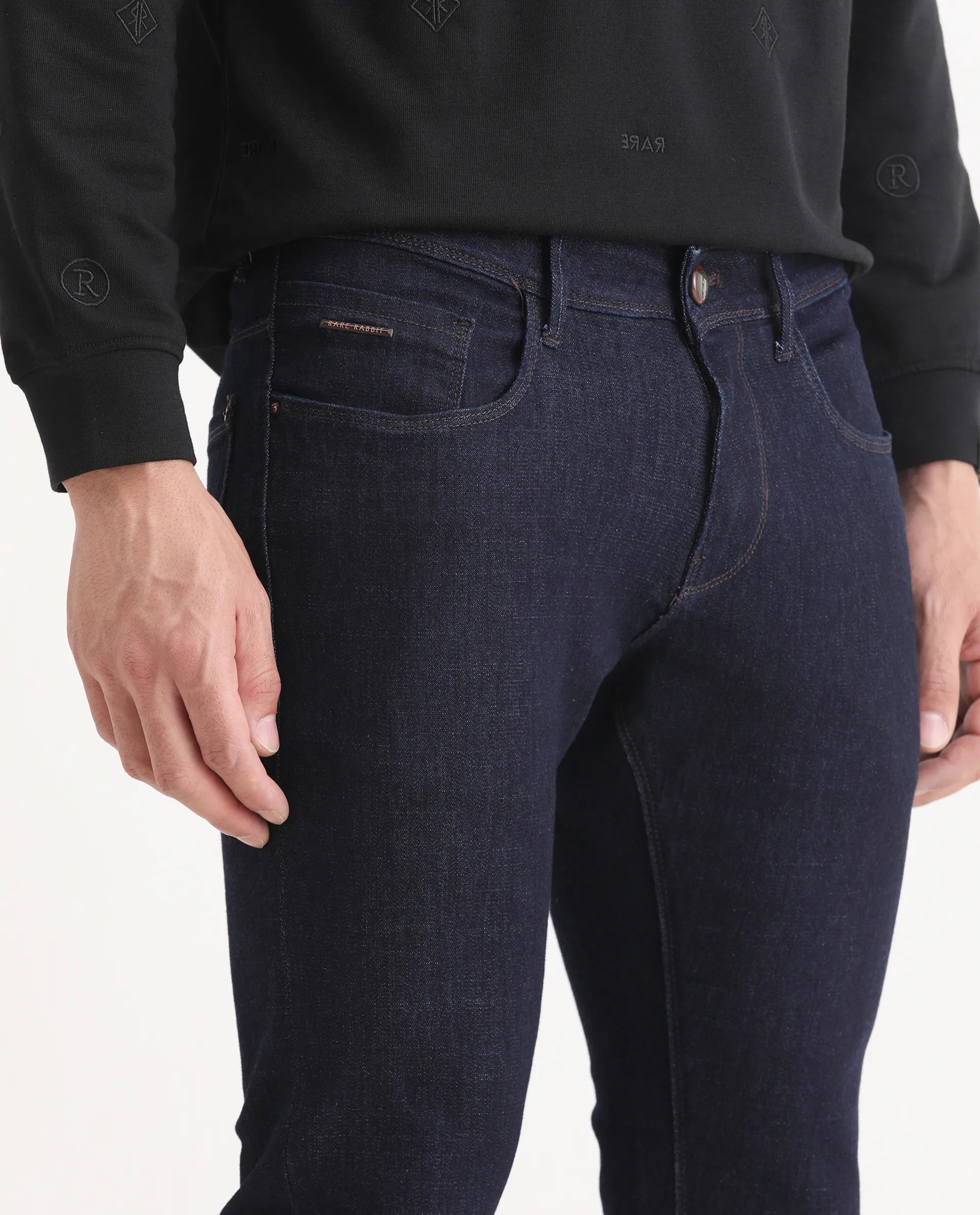 Rare Rabbit Men's Frisco Navy Cotton Plain Hawk Slim Fit Jeans