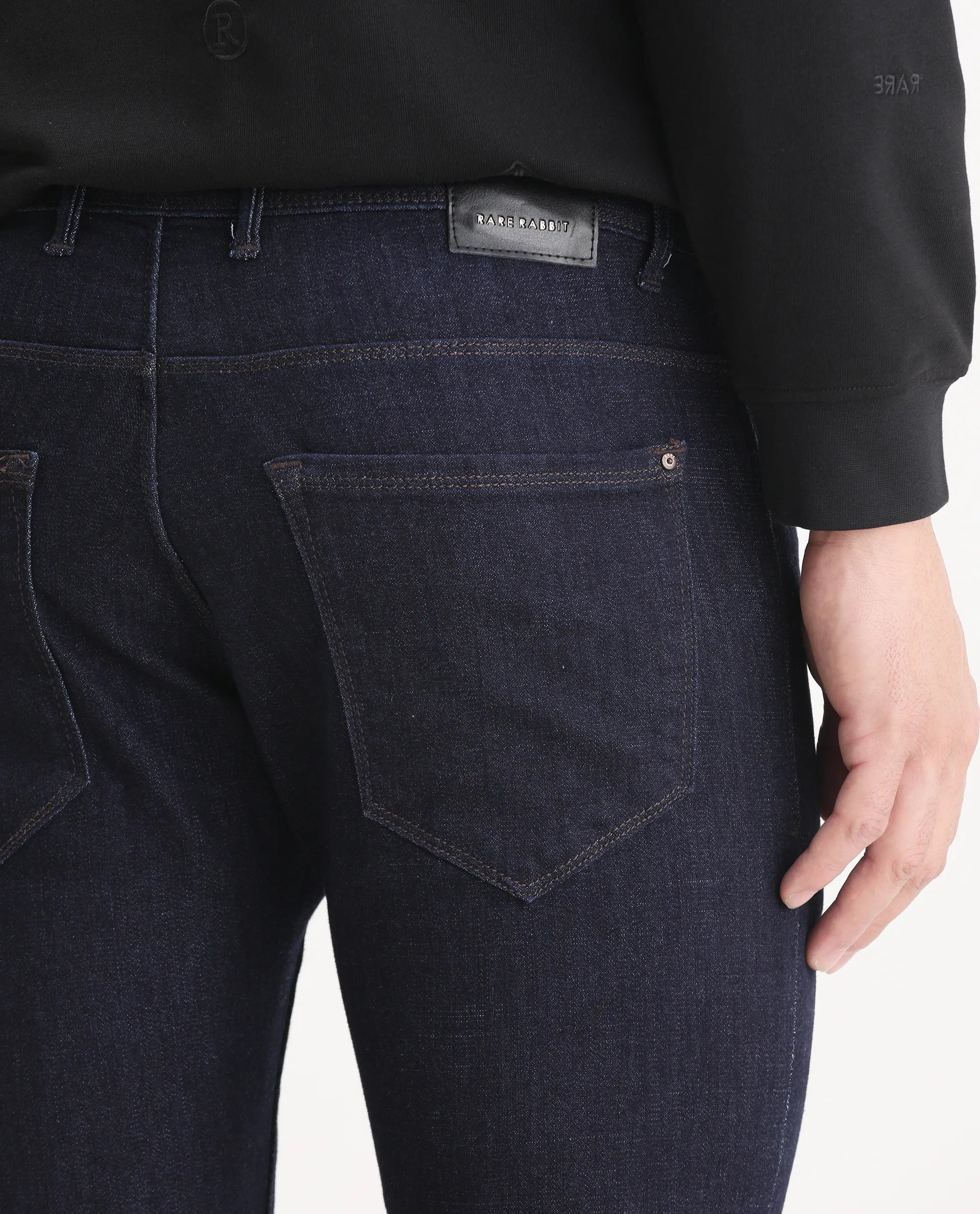 Rare Rabbit Men's Frisco Navy Cotton Plain Hawk Slim Fit Jeans