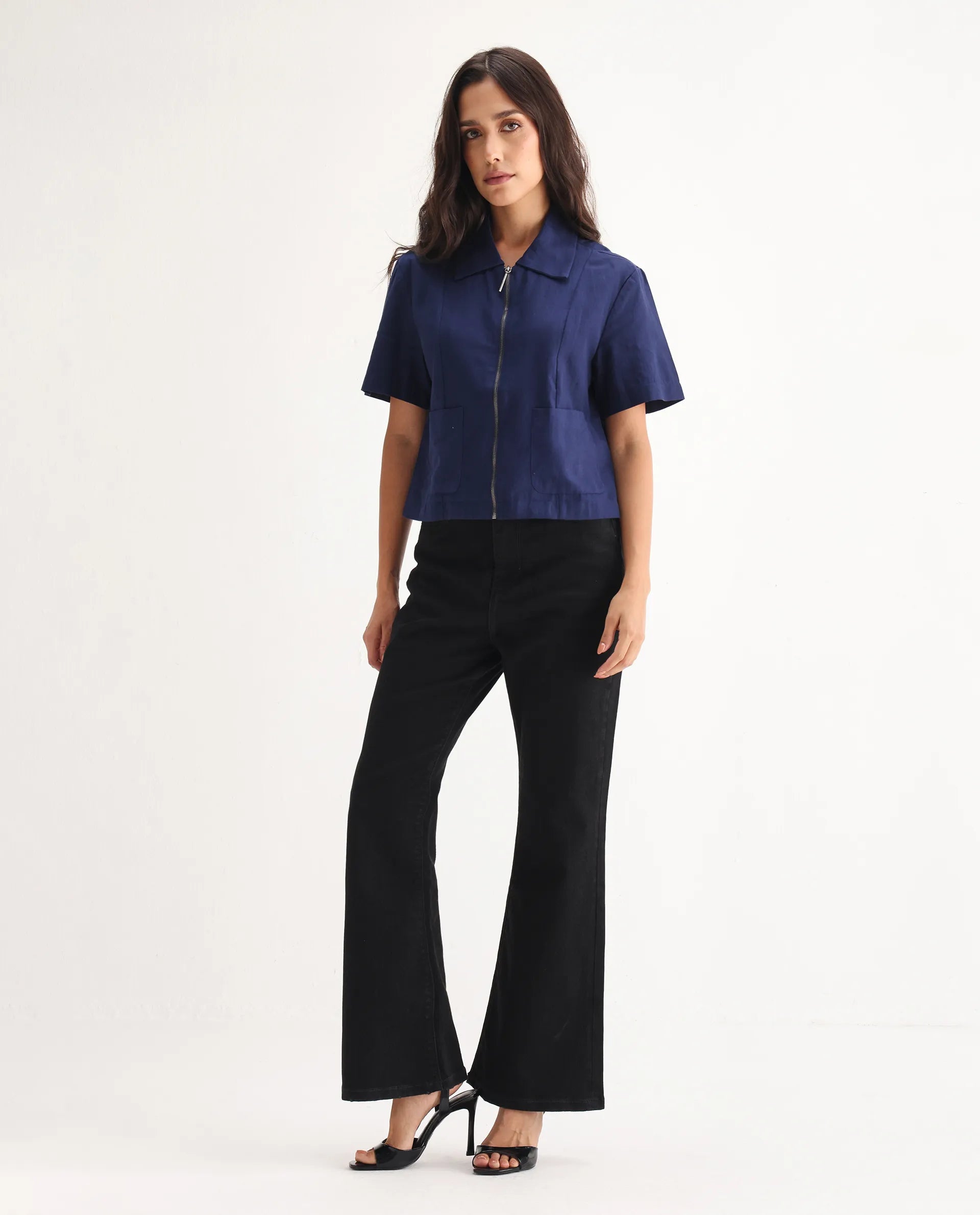 Rareism Women's Frita Black Cotton Blend Plain Ankle Length Effortless Wide Jeans