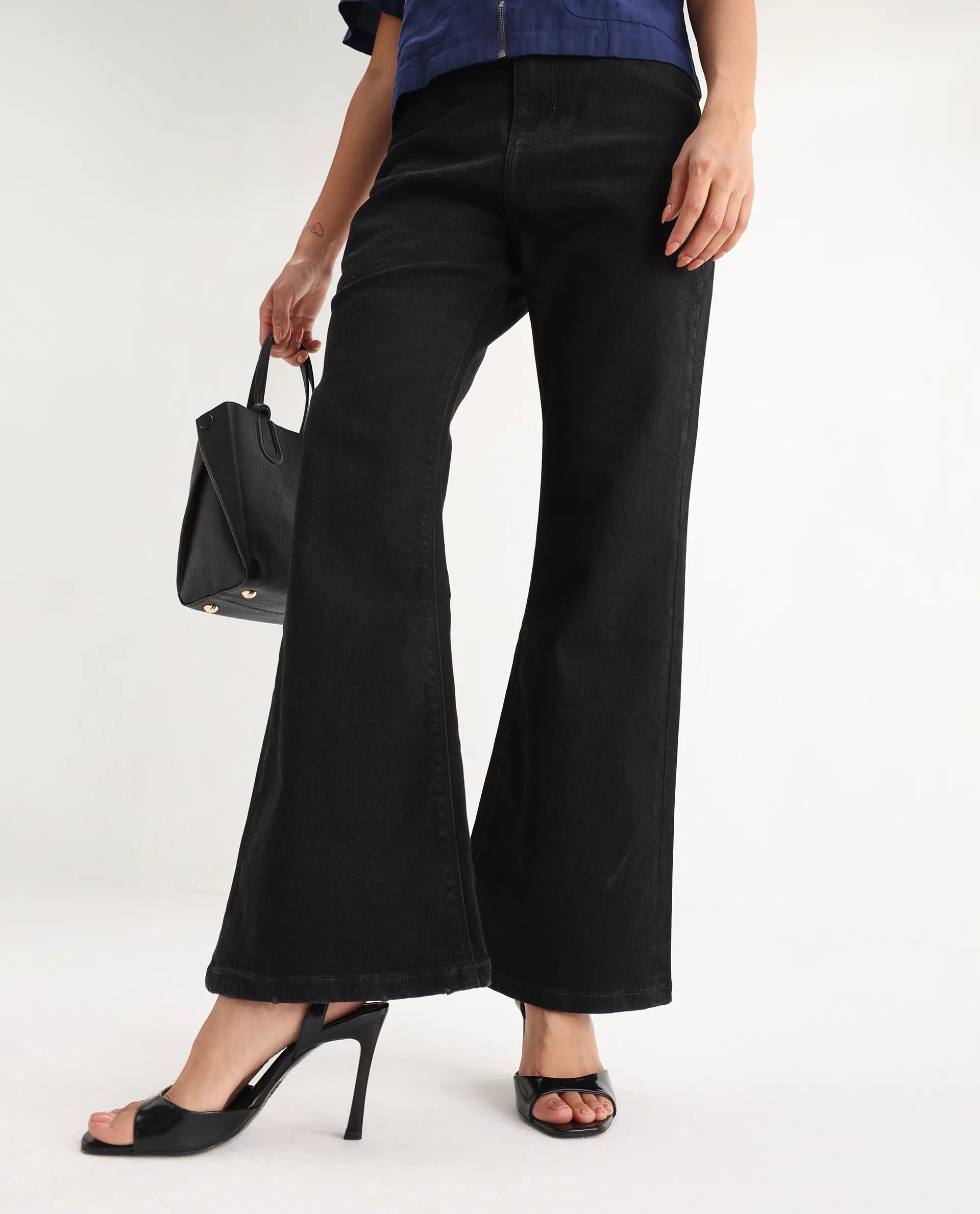 Rareism Women's Frita Black Cotton Blend Plain Ankle Length Effortless Wide Jeans