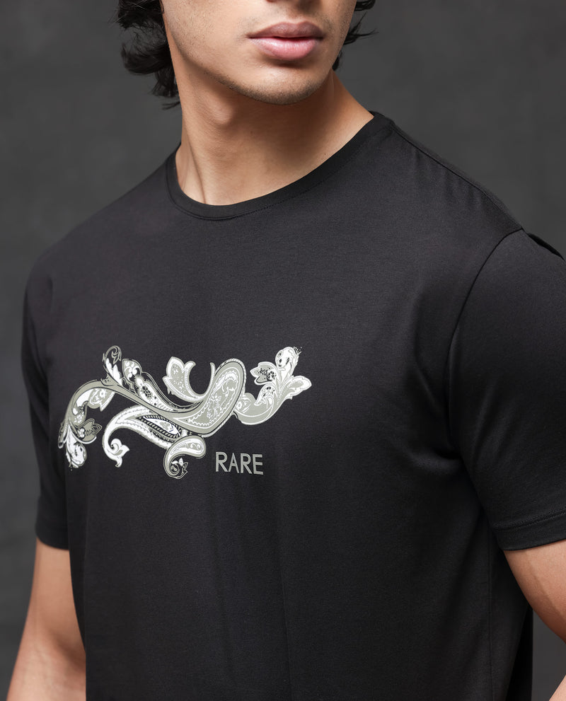 Rare Rabbit Men's Friter Black Cotton Fabric Half Sleeves Paisley Print T-Shirt