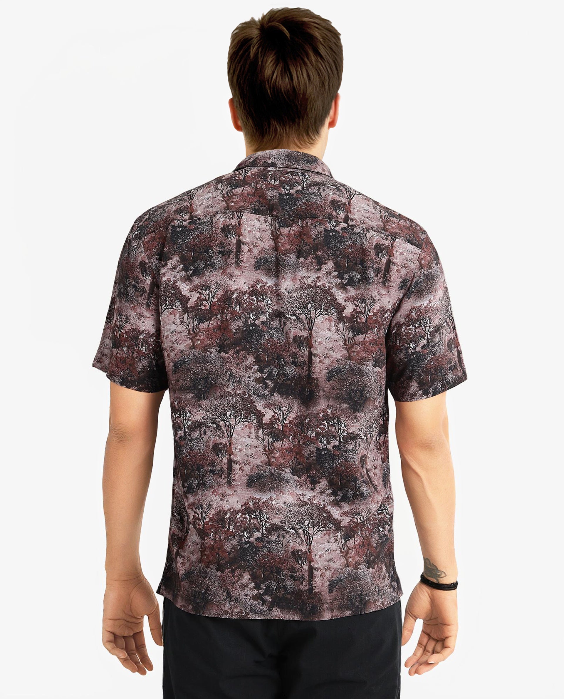 Rare Rabbit Men Froe Light Brown Viscose Fabric Short Sleeve Boxy Fit Tropical Print Shirt