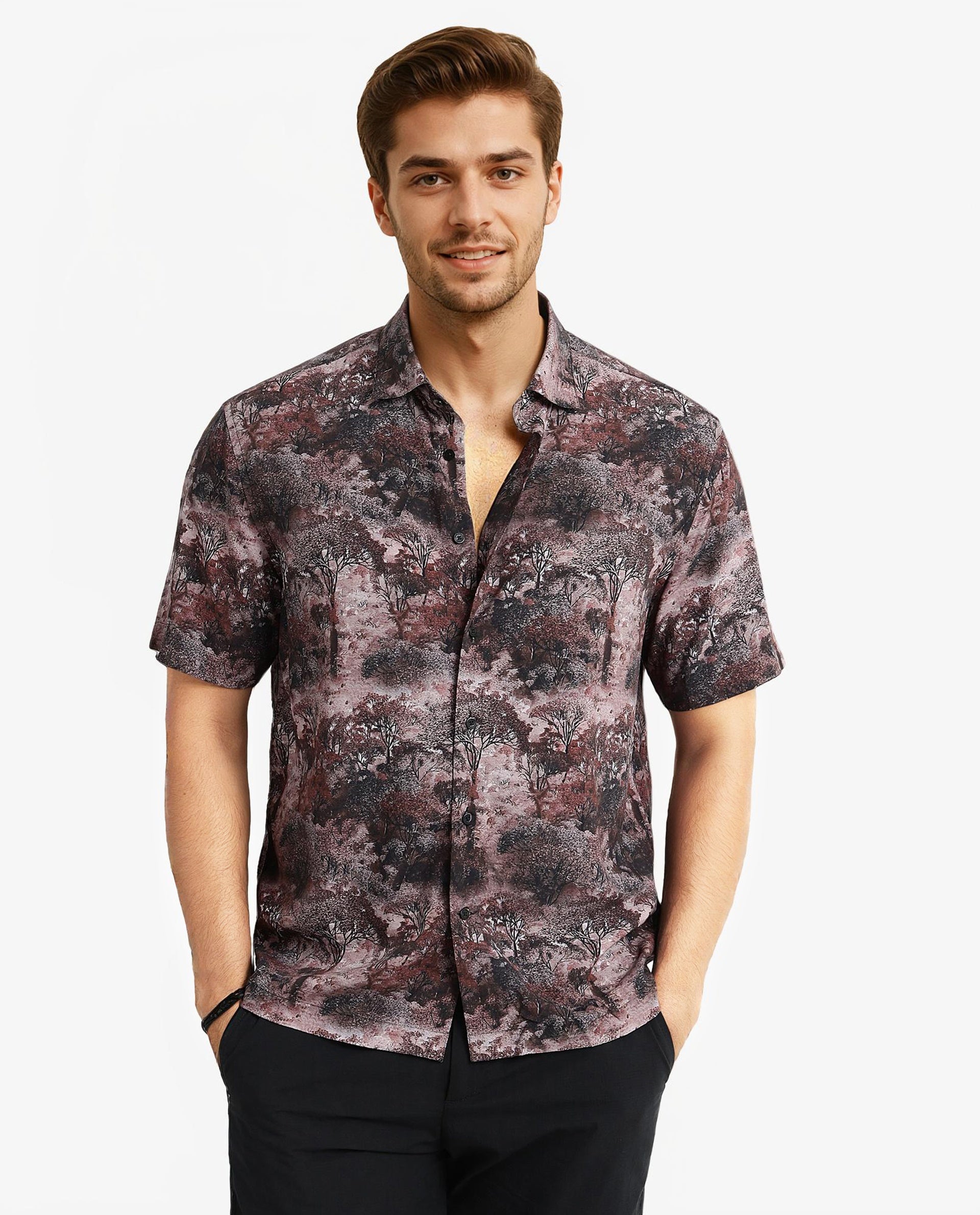 Rare Rabbit Men Froe Light Brown Viscose Fabric Short Sleeve Boxy Fit Tropical Print Shirt