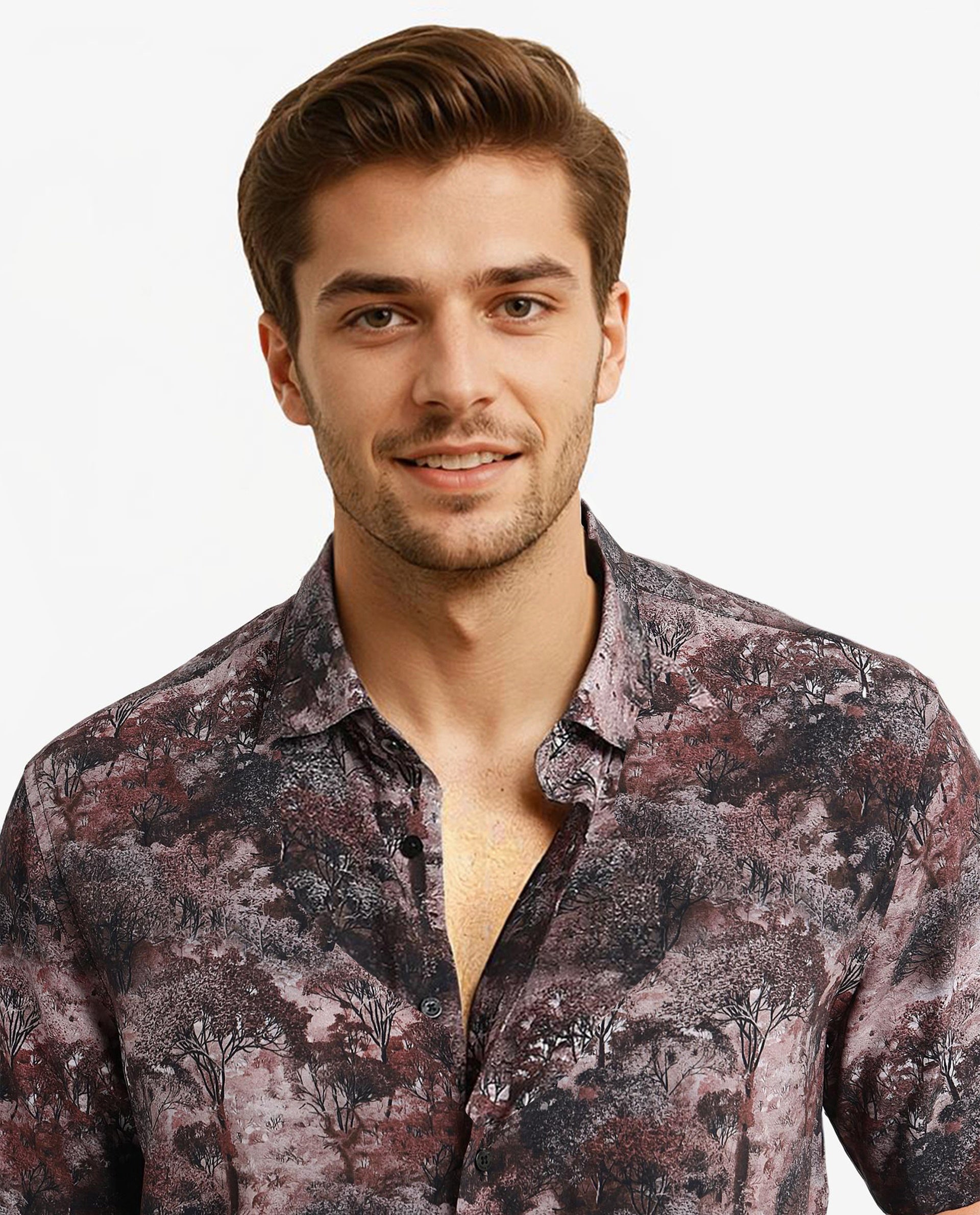 Rare Rabbit Men Froe Light Brown Viscose Fabric Short Sleeve Boxy Fit Tropical Print Shirt