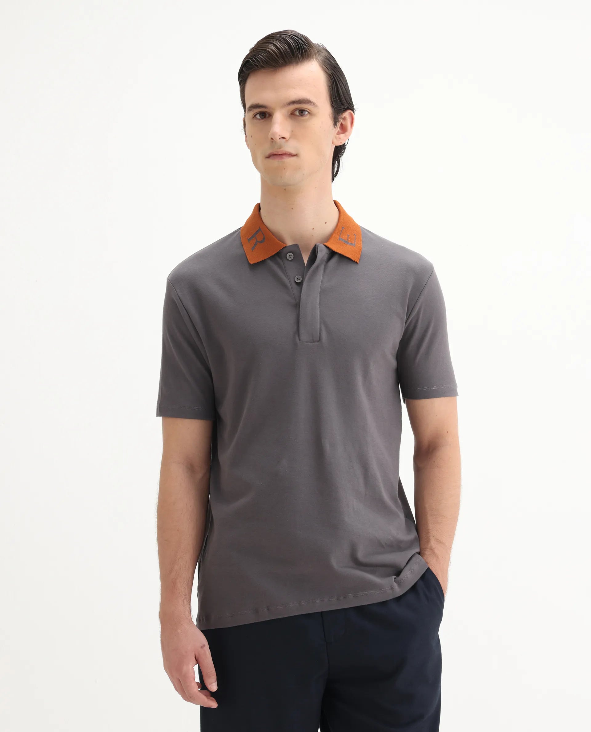 Rare Rabbit Men's Frow Grey Cotton Plain Regular Fit Half Sleeve Polo