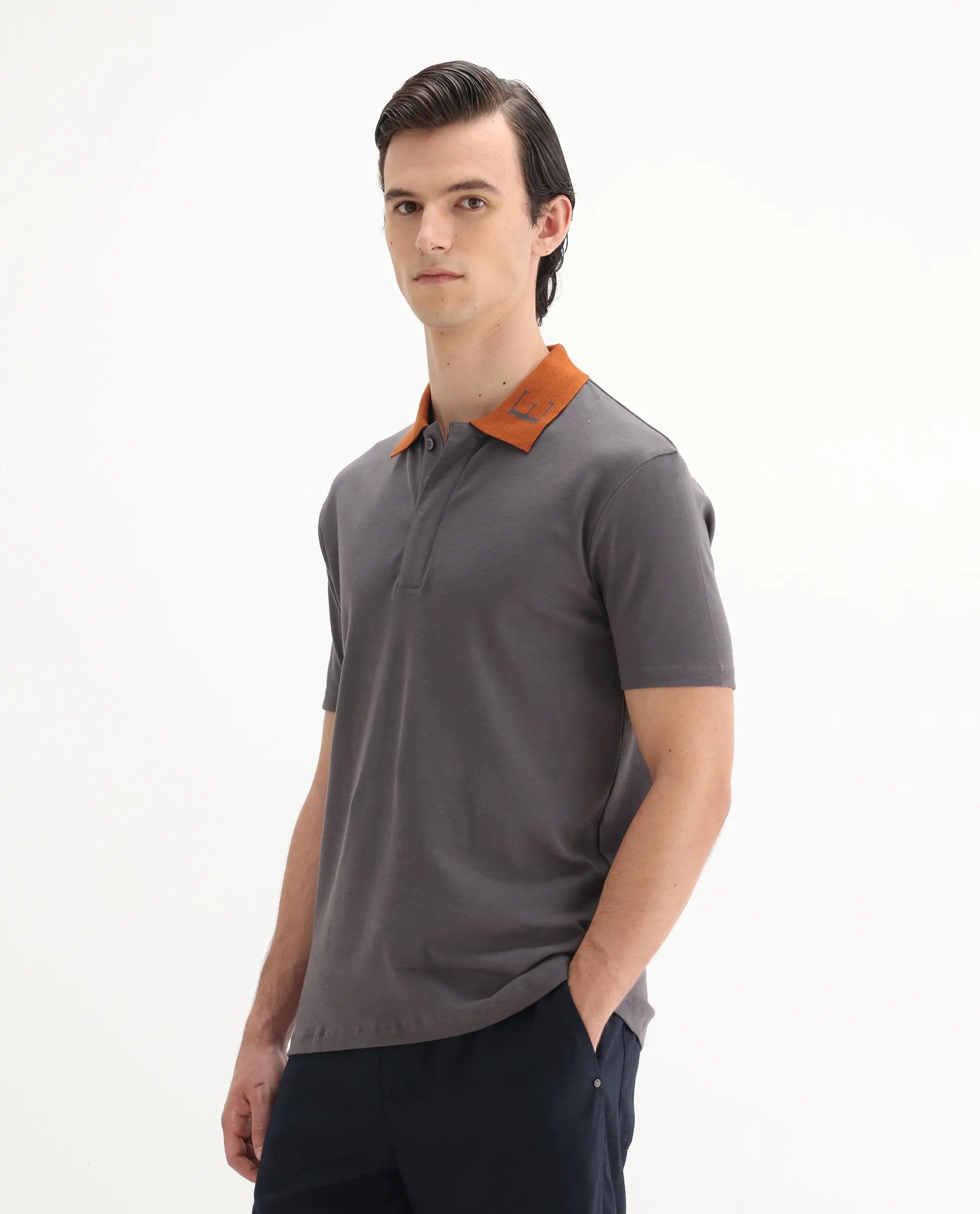 Rare Rabbit Men's Frow Grey Cotton Plain Regular Fit Half Sleeve Polo