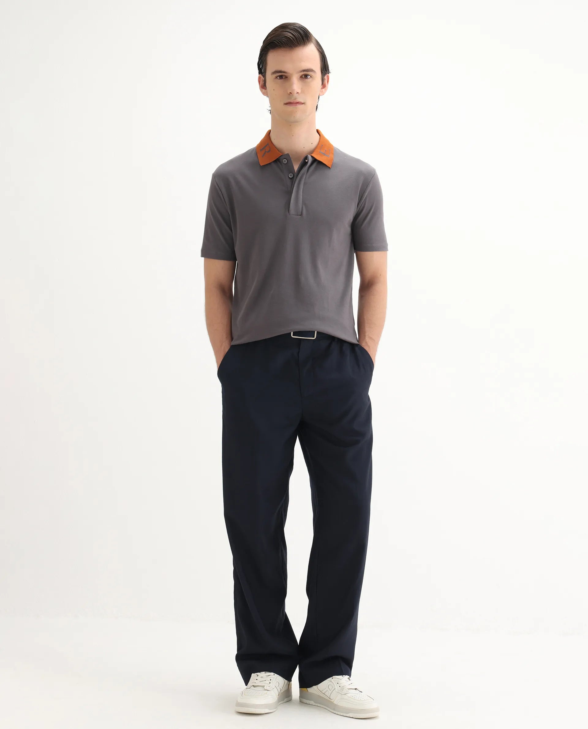 Rare Rabbit Men's Frow Grey Cotton Plain Regular Fit Half Sleeve Polo