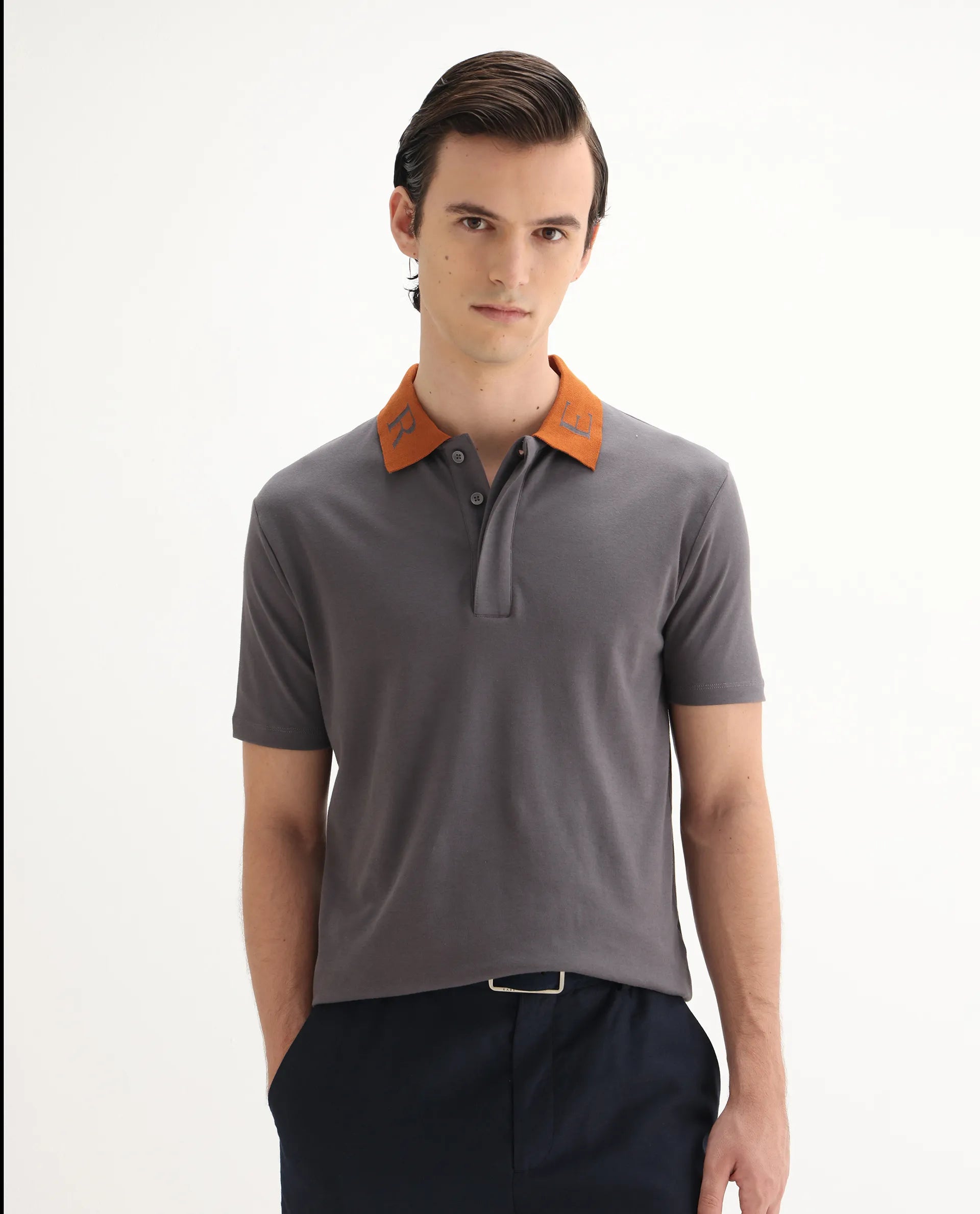 Rare Rabbit Men's Frow Grey Cotton Plain Regular Fit Half Sleeve Polo