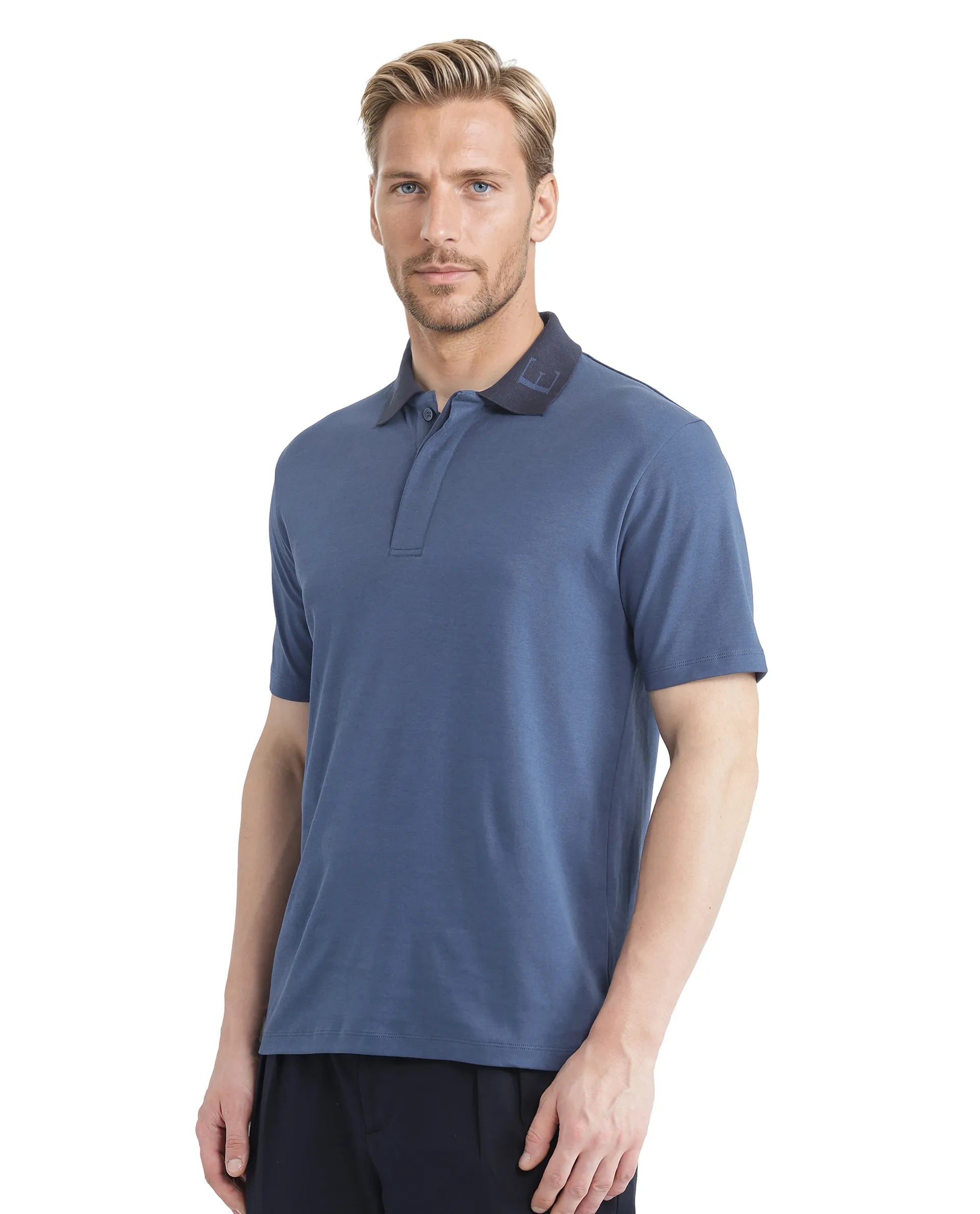 Rare Rabbit Men Frow Light Blue Cotton Fabric Short Sleeve Contrast Collar with Embroidered Details Button Closure Polo