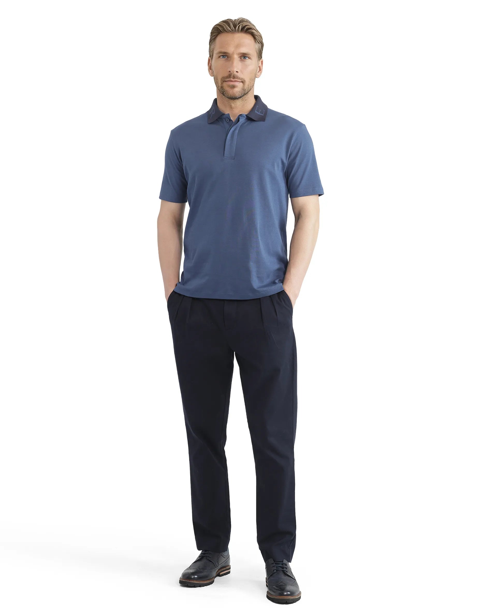 Rare Rabbit Men Frow Light Blue Cotton Fabric Short Sleeve Contrast Collar with Embroidered Details Button Closure Polo