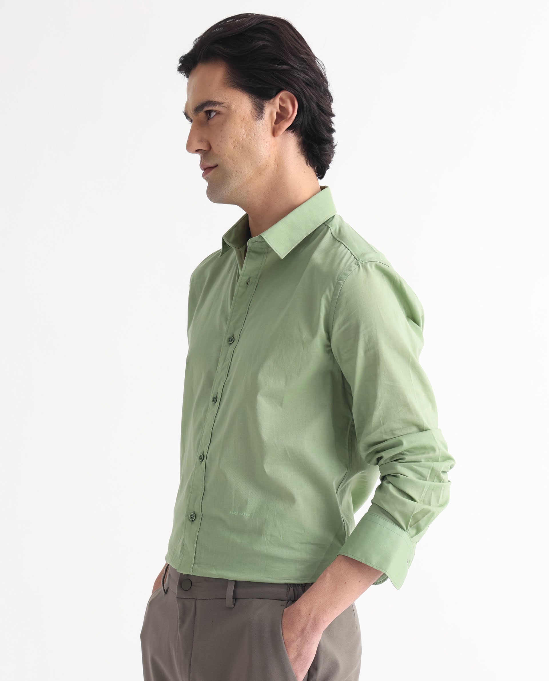 Rare Rabbit Men's Fullslee Green Cotton Fabric Full Sleeves Solid Shirt