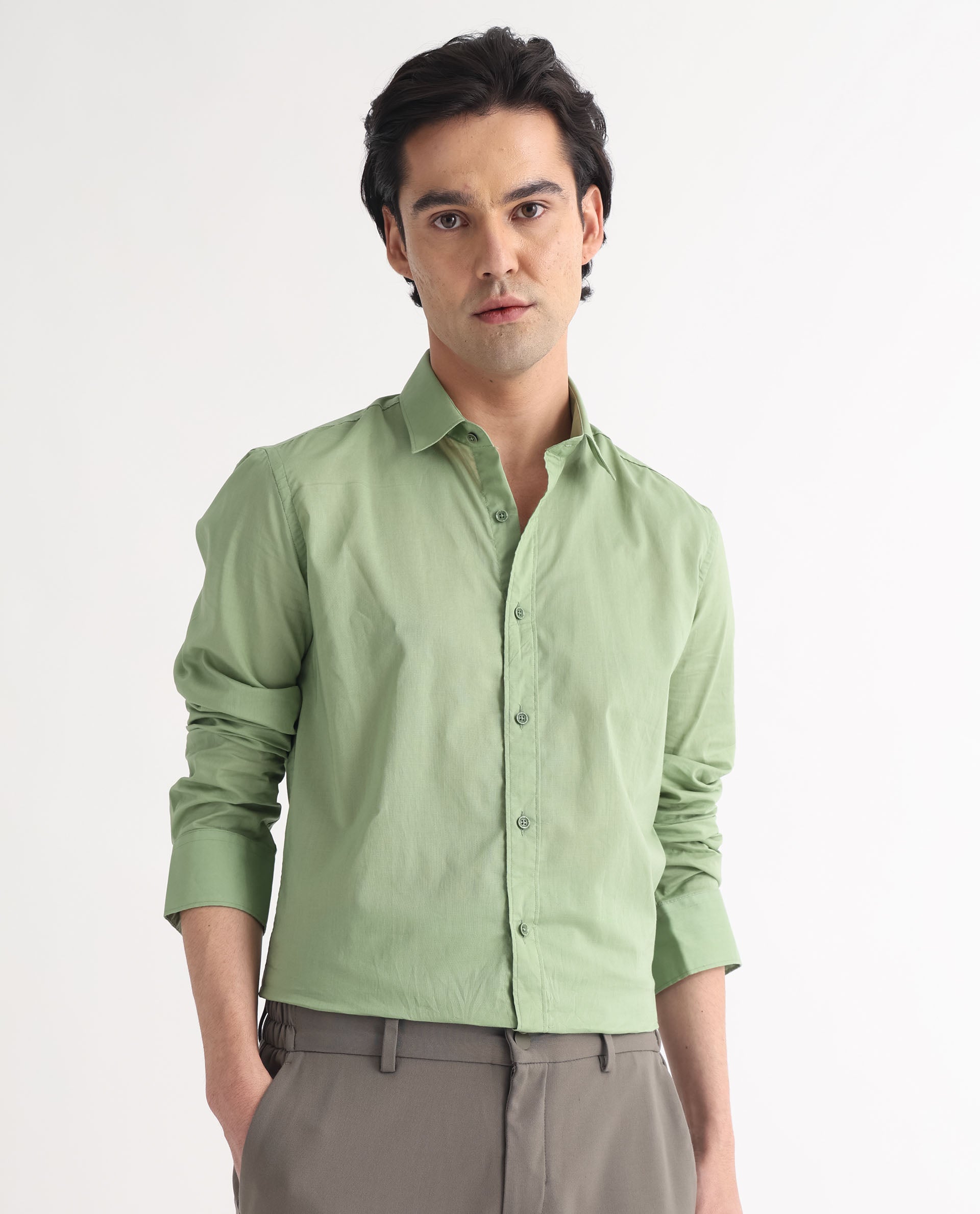 Rare Rabbit Men's Fullslee Green Cotton Fabric Full Sleeves Solid Shirt