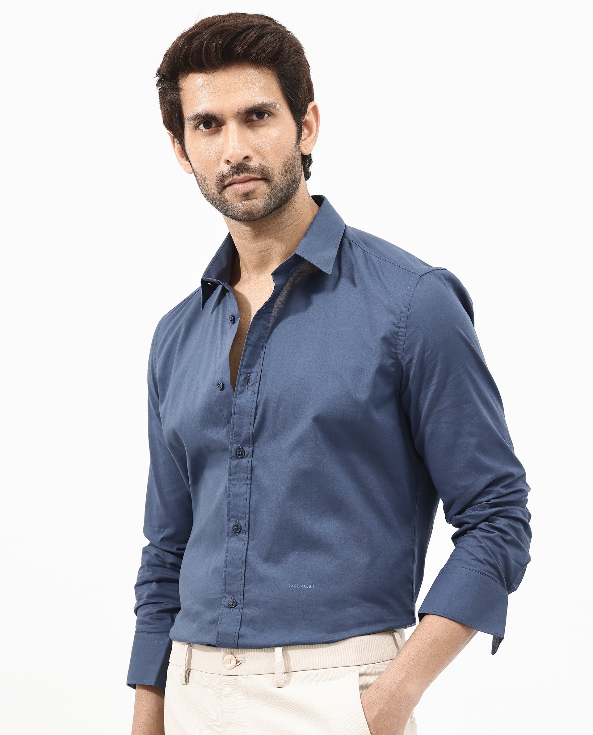 Rare Rabbit Men's Fullsleen Dark Blue Cotton Fabric Full Sleeves Collared Neck Regular Fit Solid Shirt