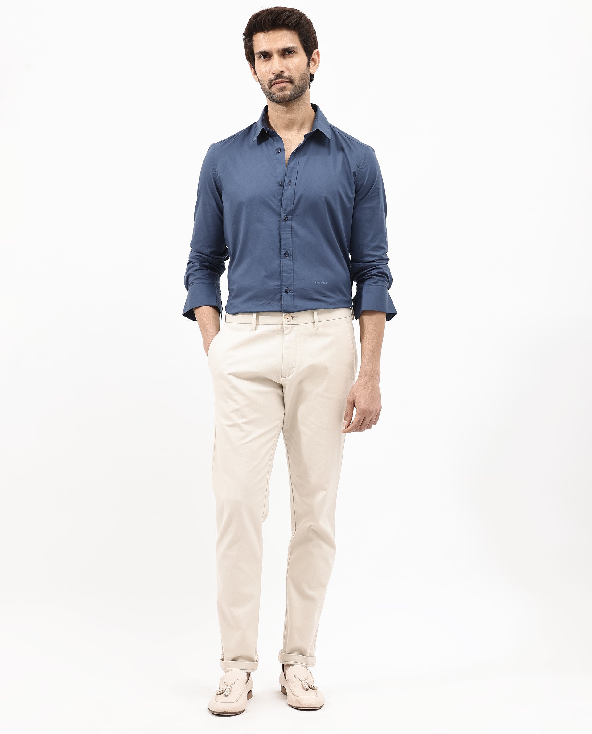 Rare Rabbit Men's Fullsleen Dark Blue Cotton Fabric Full Sleeves Collared Neck Regular Fit Solid Shirt