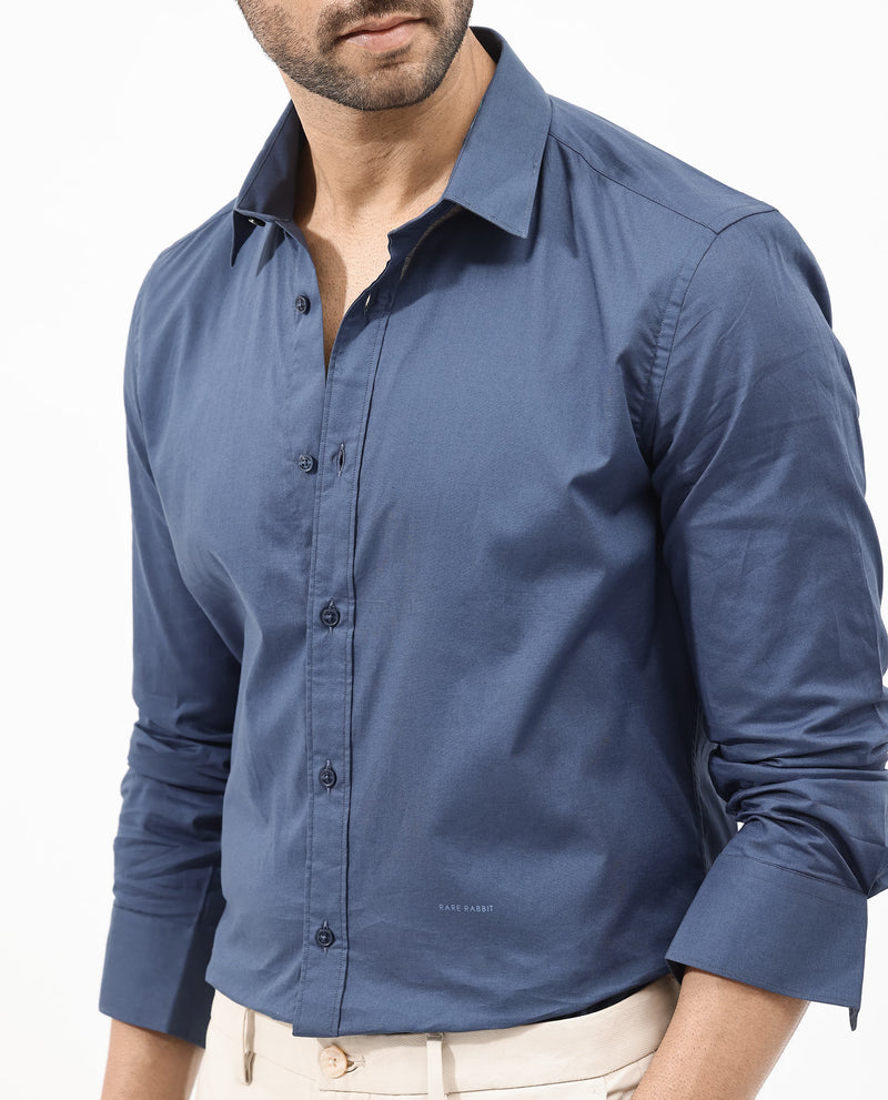 Rare Rabbit Men's Fullsleen Dark Blue Cotton Fabric Full Sleeves Collared Neck Regular Fit Solid Shirt