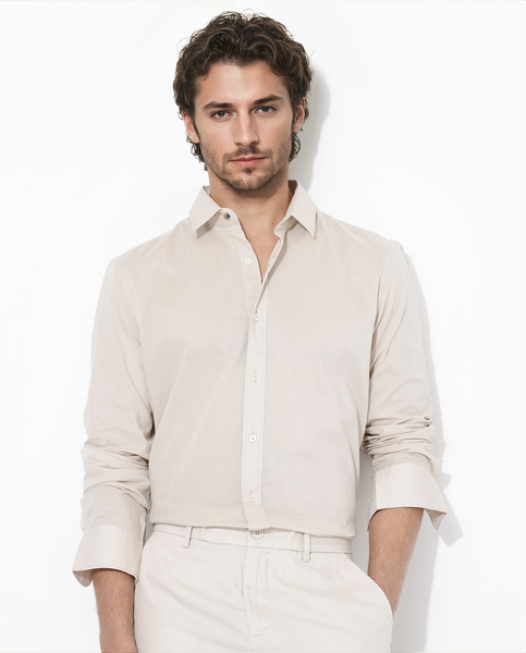 Rare Rabbit Men Dalin Beige Full Sleeve Melange Linen Fabric Regular Fit Plain Shirt main image 0