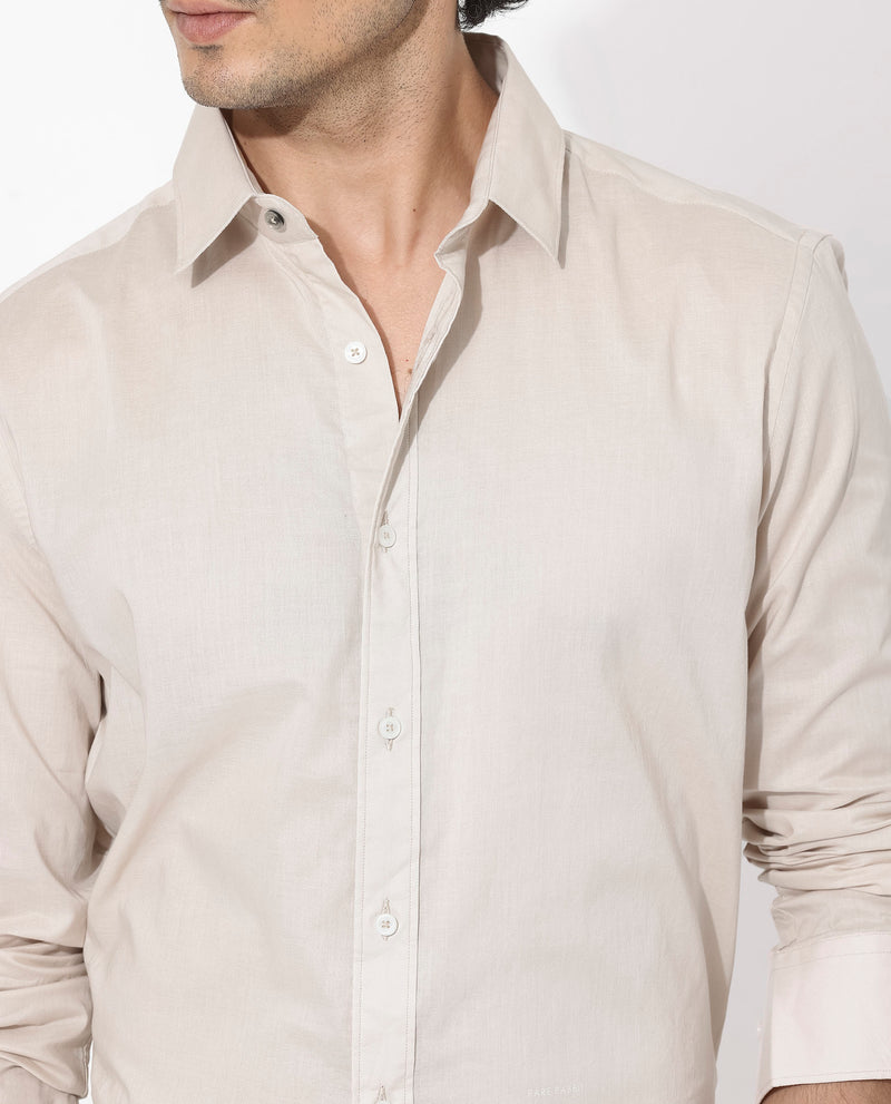 Rare Rabbit Men's Fullsleen Beige Cotton Fabric Full Sleeves Collared Neck Regular Fit Solid Shirt