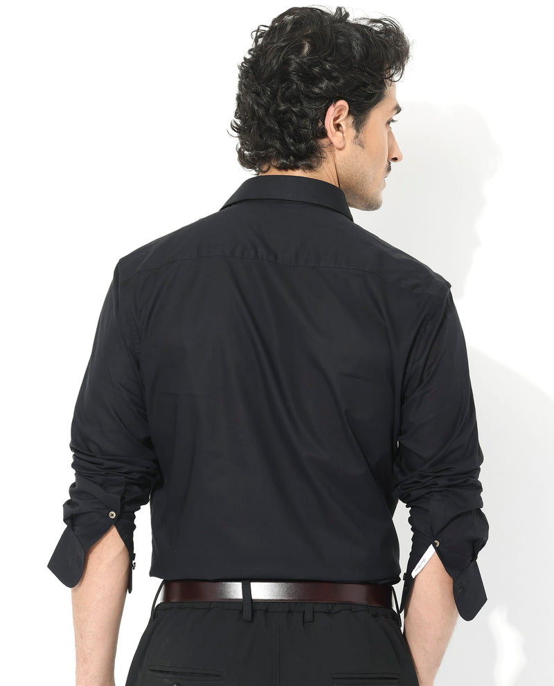 Rare Rabbit Men's Fullsleen Black Cotton Fabric Full Sleeves Collared Neck Regular Fit Solid Shirt
