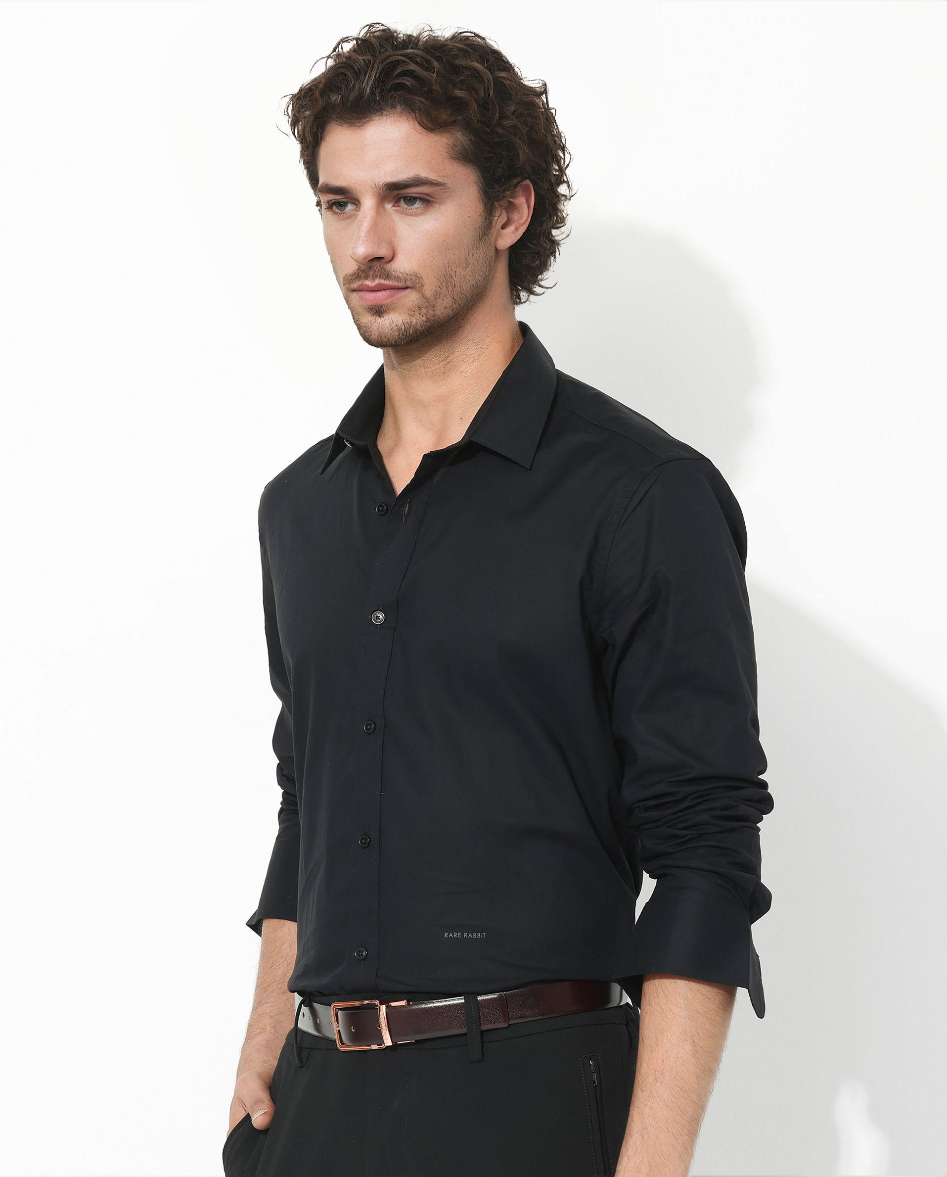 Rare Rabbit Men's Fullsleen Black Cotton Fabric Full Sleeves Collared Neck Regular Fit Solid Shirt