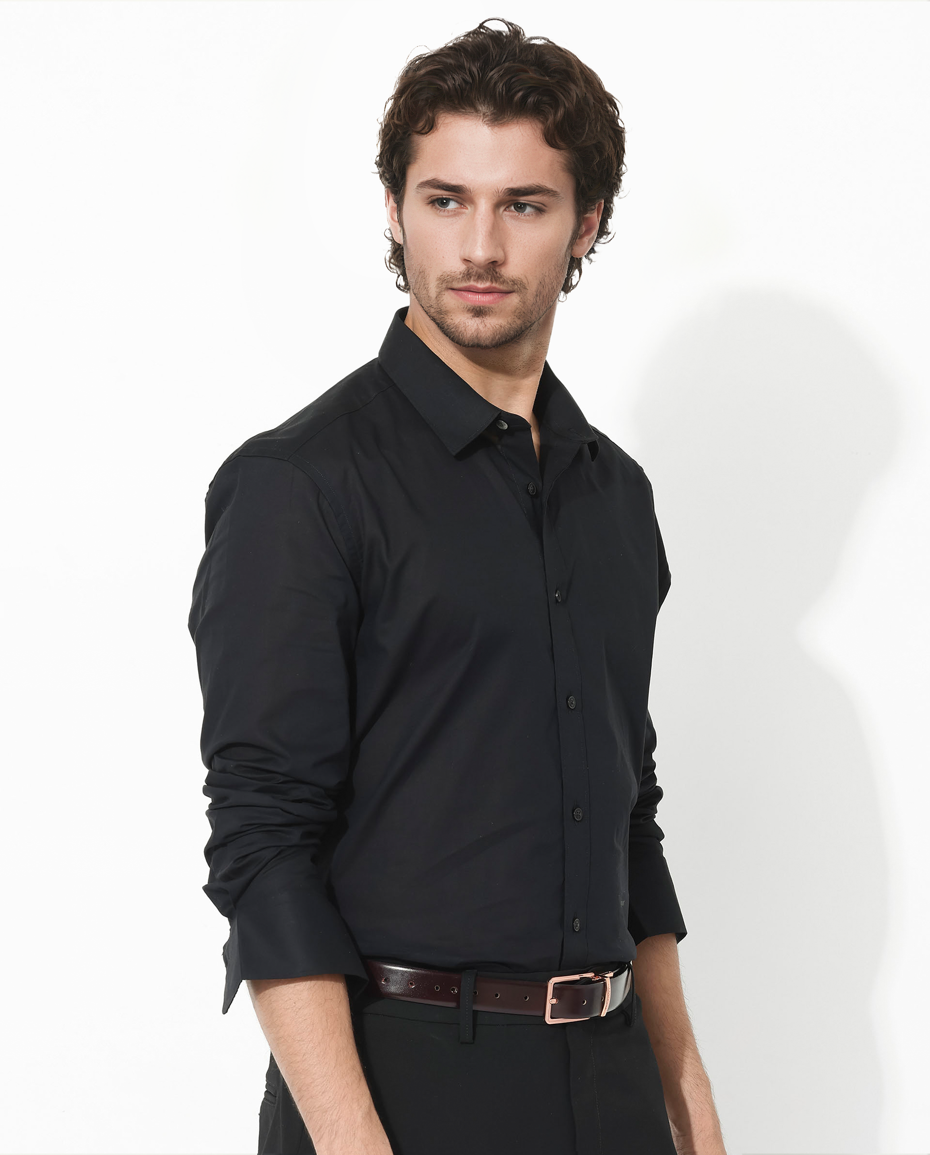 Rare Rabbit Men's Fullsleen Black Cotton Fabric Full Sleeves Collared Neck Regular Fit Solid Shirt