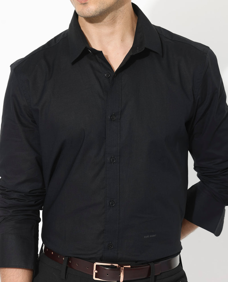 Rare Rabbit Men's Fullsleen Black Cotton Fabric Full Sleeves Collared Neck Regular Fit Solid Shirt