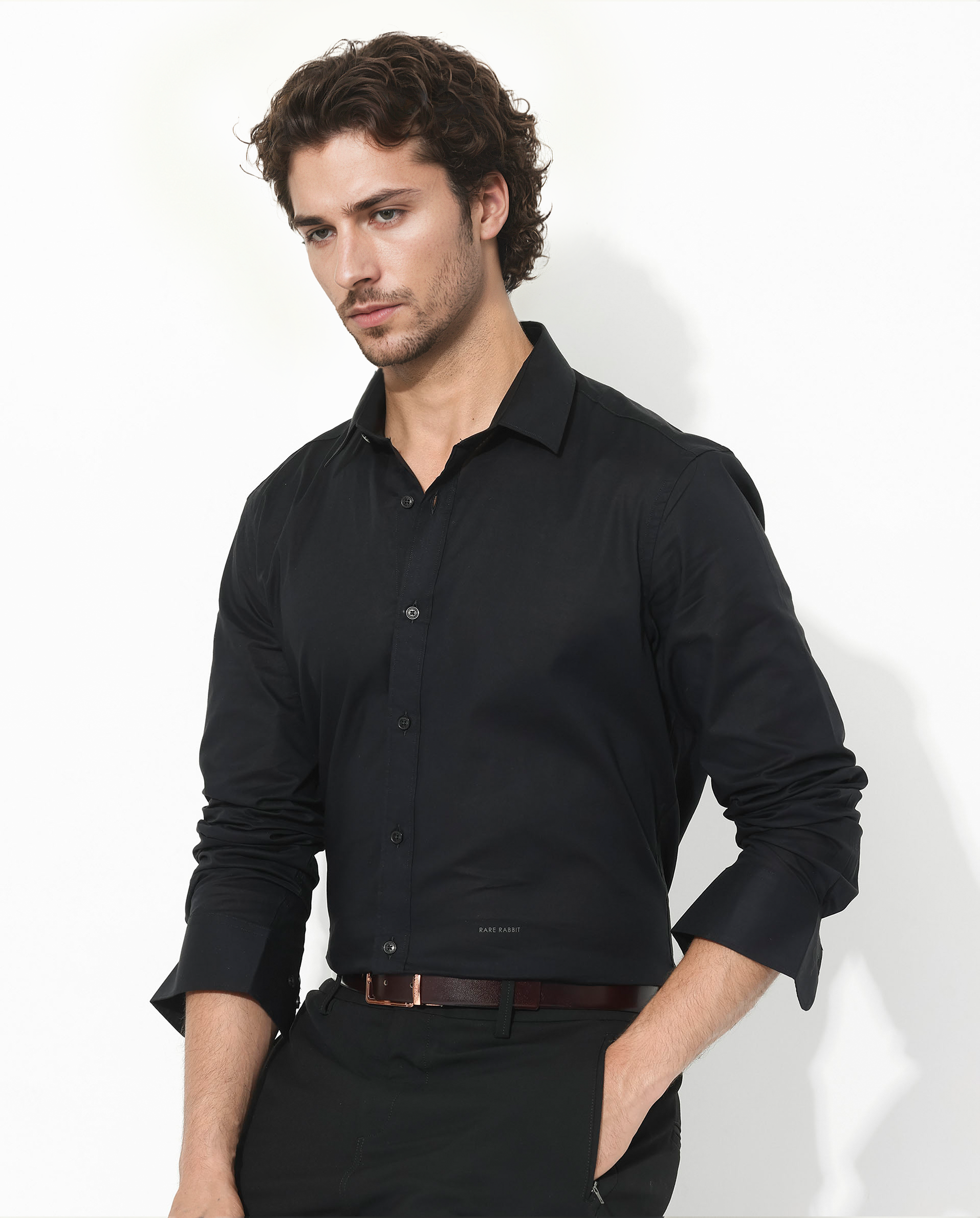 Rare Rabbit Men's Fullsleen Black Cotton Fabric Full Sleeves Collared Neck Regular Fit Solid Shirt