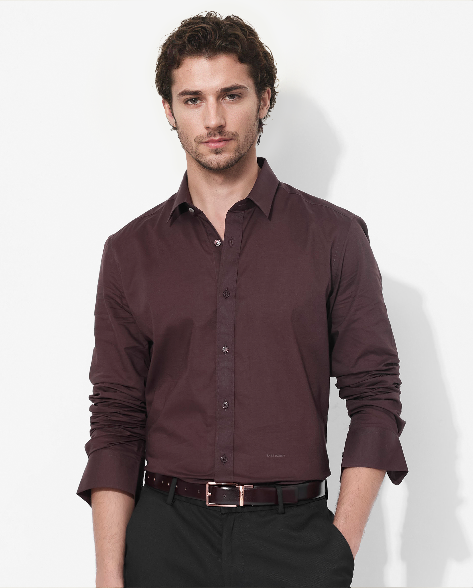 Rare Rabbit Men's Fullsleen Brown Cotton Fabric Full Sleeves Collared Neck Regular Fit Solid Shirt