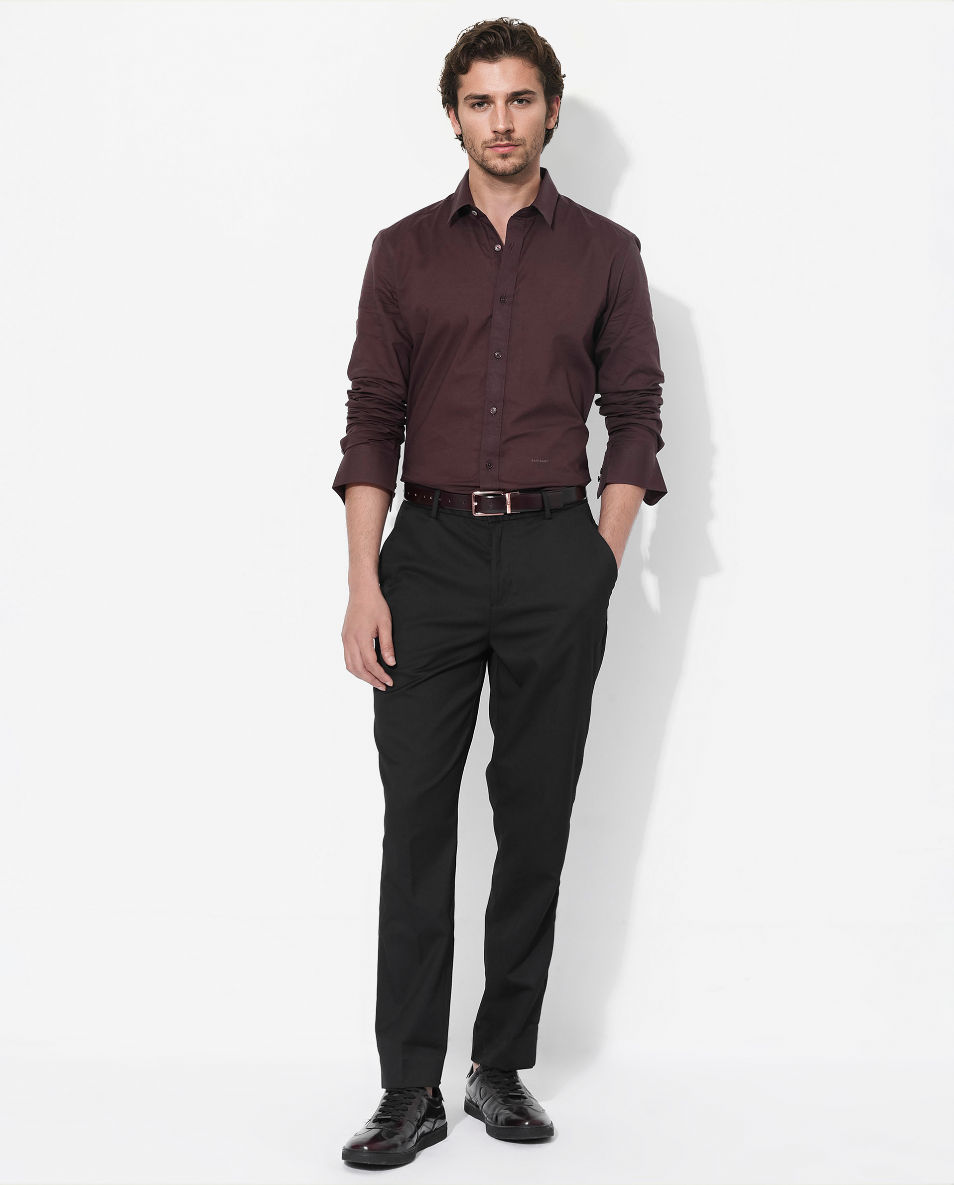 Rare Rabbit Men's Fullsleen Brown Cotton Fabric Full Sleeves Collared Neck Regular Fit Solid Shirt