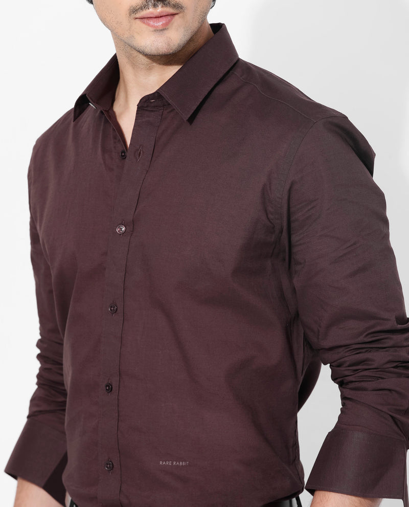 Rare Rabbit Men's Fullsleen Brown Cotton Fabric Full Sleeves Collared Neck Regular Fit Solid Shirt