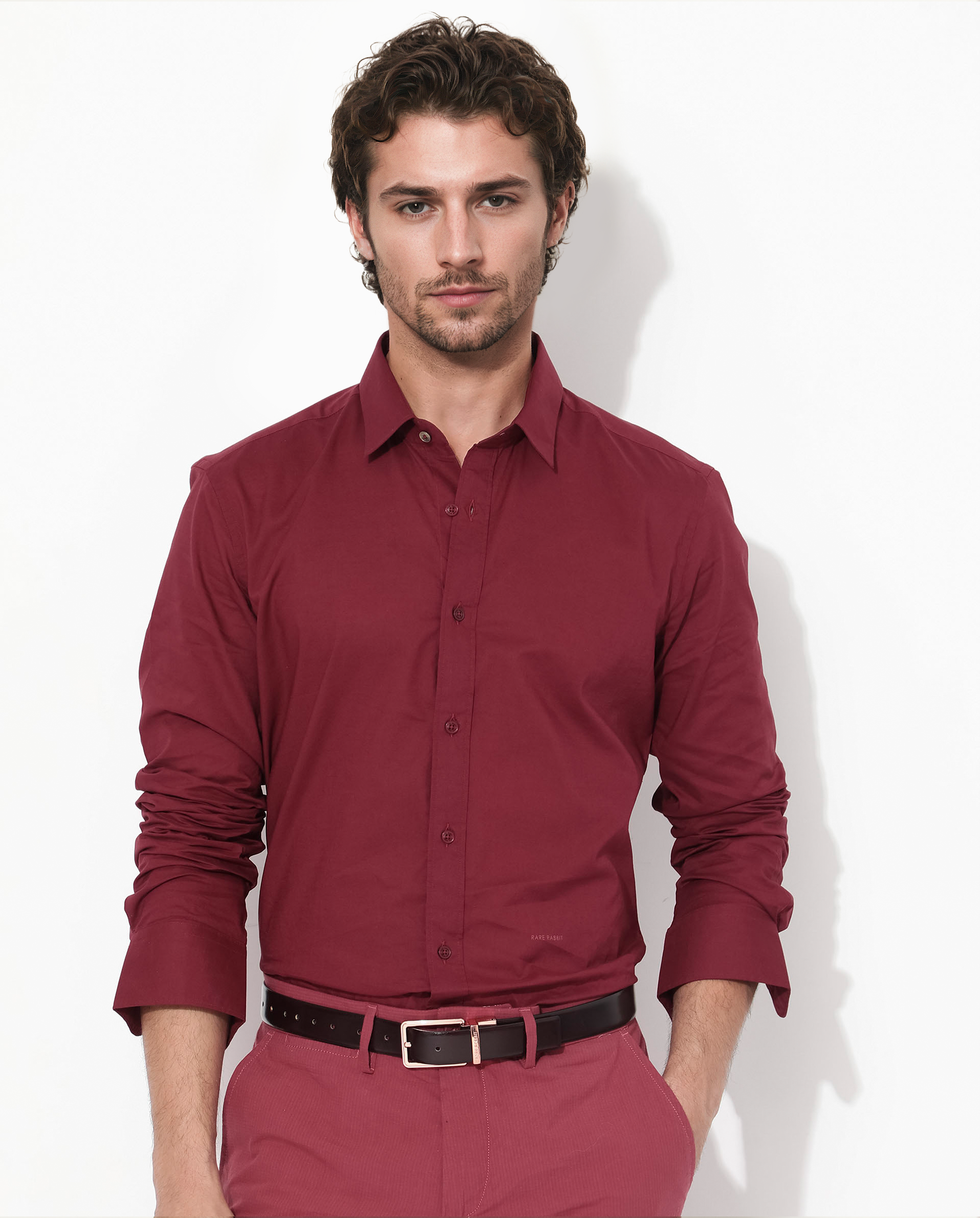 Rare Rabbit Men's Fullsleen Dark Red Cotton Fabric Full Sleeves Collared Neck Regular Fit Solid Shirt