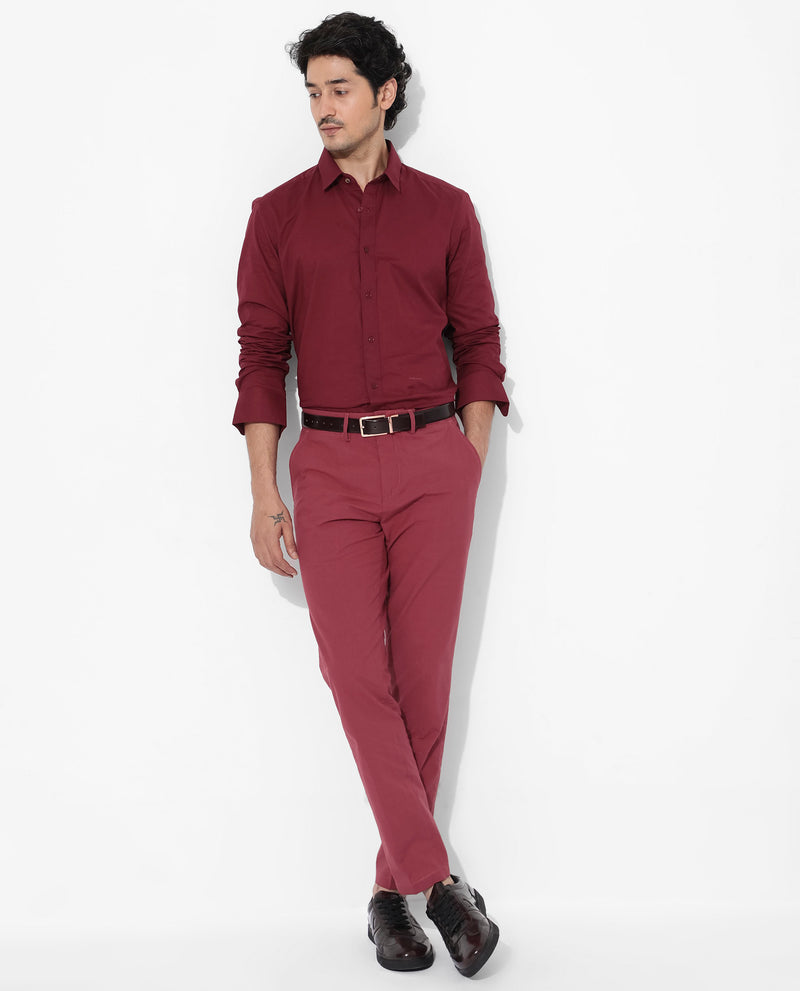 Rare Rabbit Men's Fullsleen Dark Red Cotton Fabric Full Sleeves Collared Neck Regular Fit Solid Shirt
