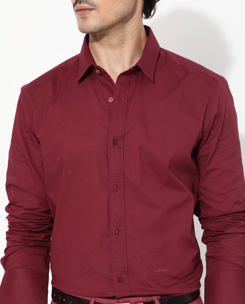 Rare Rabbit Men's Fullsleen Dark Red Cotton Fabric Full Sleeves Collared Neck Regular Fit Solid Shirt