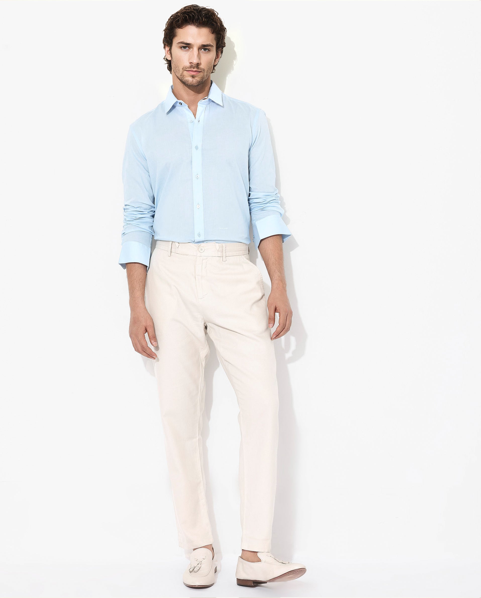 Rare Rabbit Men's Fullsleen Pastel Blue Cotton Fabric Full Sleeves Collared Neck Regular Fit Solid Shirt