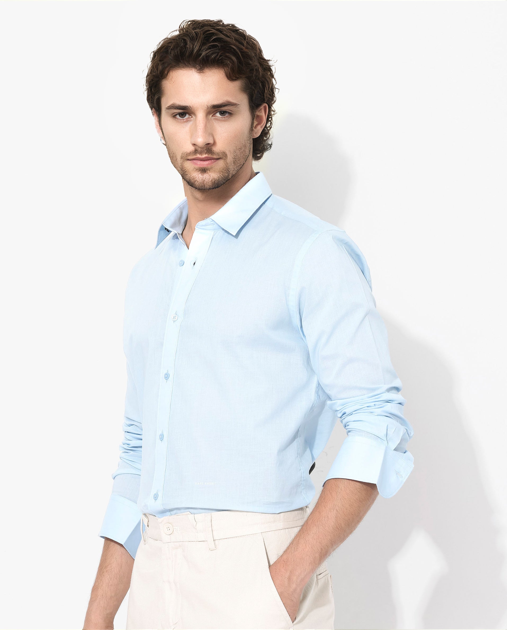 Rare Rabbit Men's Fullsleen Pastel Blue Cotton Fabric Full Sleeves Collared Neck Regular Fit Solid Shirt