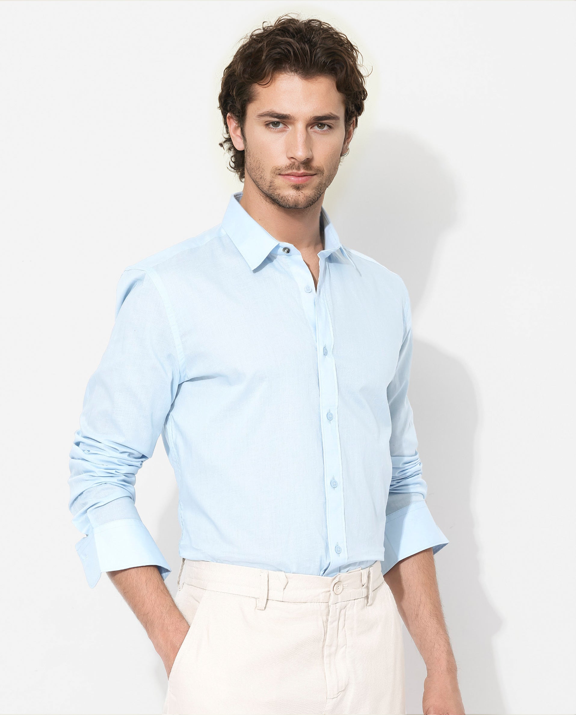 Rare Rabbit Men's Fullsleen Pastel Blue Cotton Fabric Full Sleeves Collared Neck Regular Fit Solid Shirt