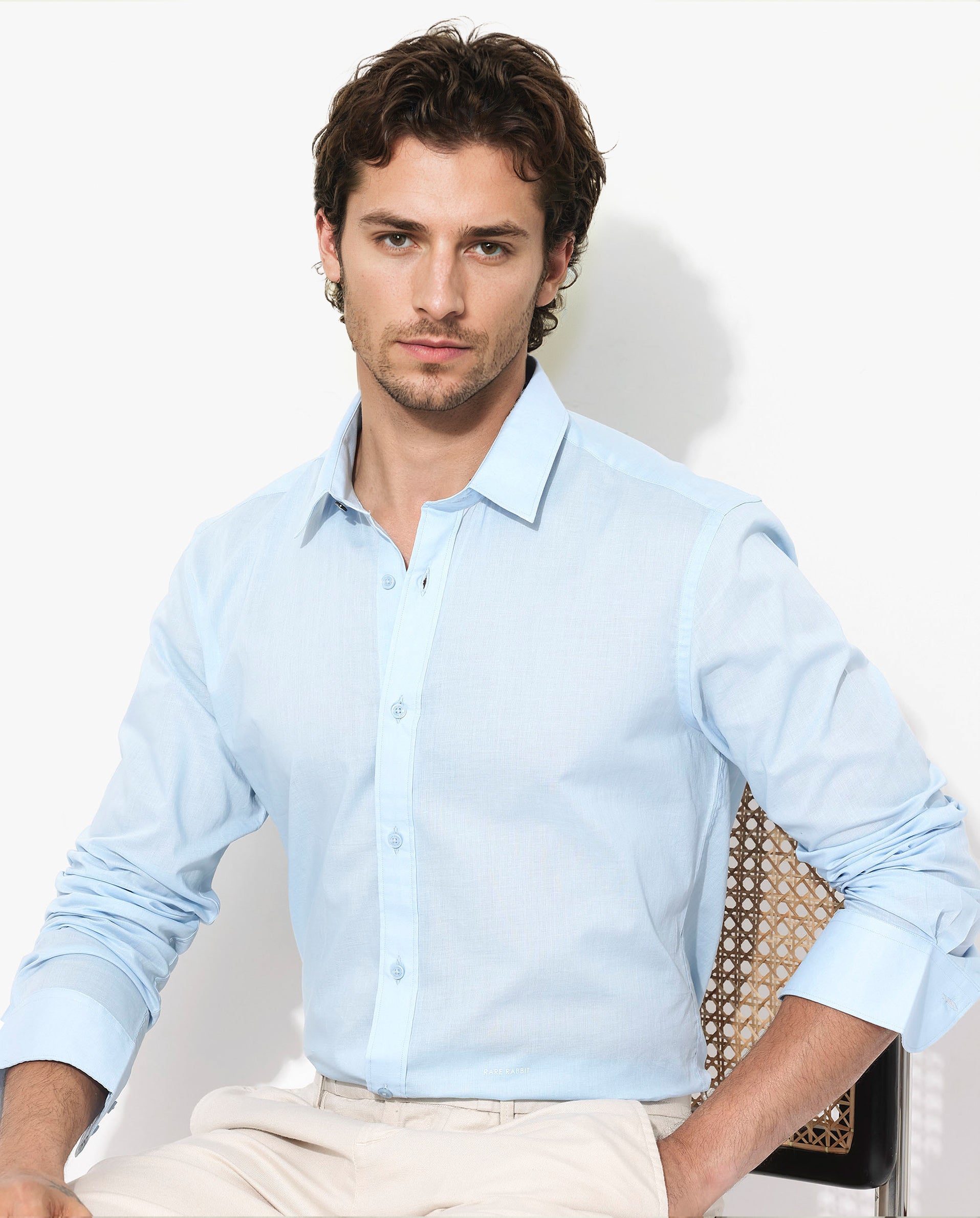 Rare Rabbit Men's Fullsleen Pastel Blue Cotton Fabric Full Sleeves Collared Neck Regular Fit Solid Shirt