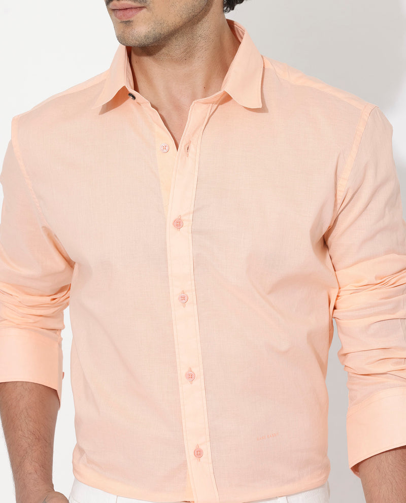 Rare Rabbit Men's Fullsleen Pastel Orange Cotton Fabric Full Sleeves Collared Neck Regular Fit Solid Shirt