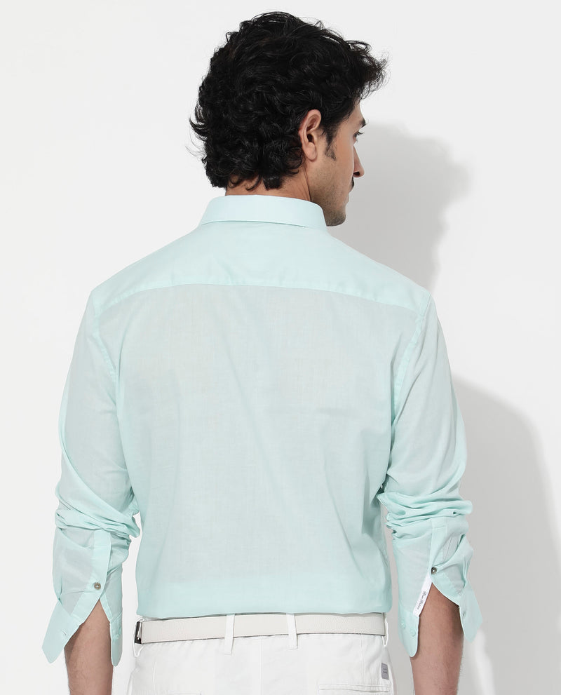 Rare Rabbit Men's Fullsleen Pastel Turq Cotton Fabric Full Sleeves Collared Neck Regular Fit Solid Shirt