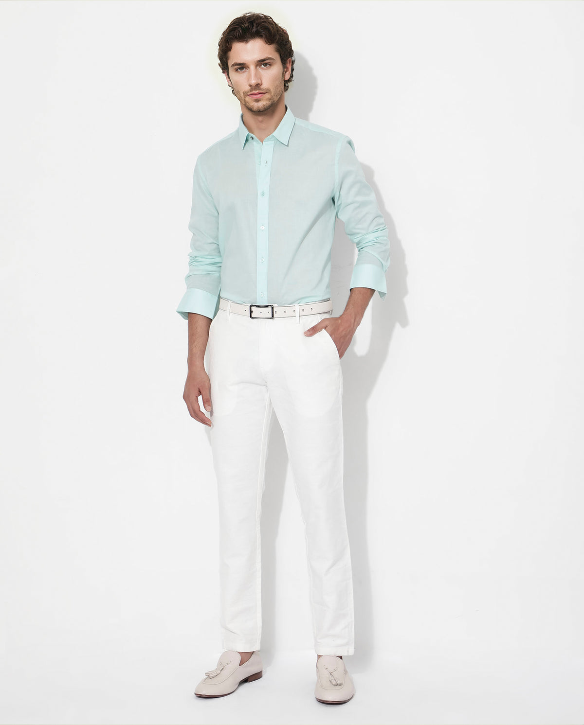 Rare Rabbit Men's Fullsleen Pastel Turq Cotton Fabric Full Sleeves Collared Neck Regular Fit Solid Shirt